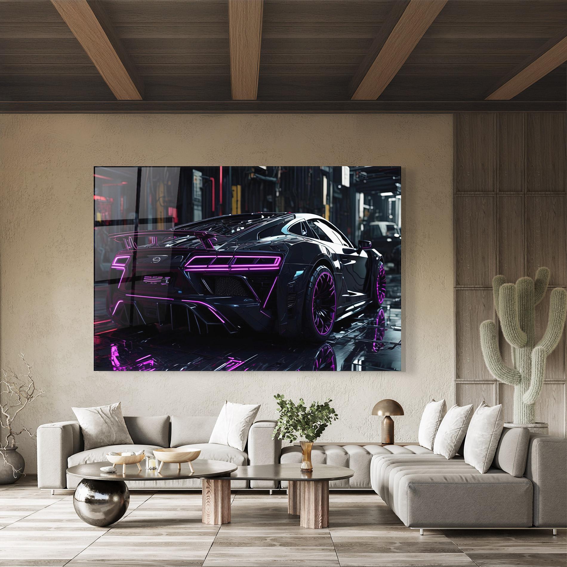 Tablou Sticla Futuristic Purple Black Hypercar mockup 8