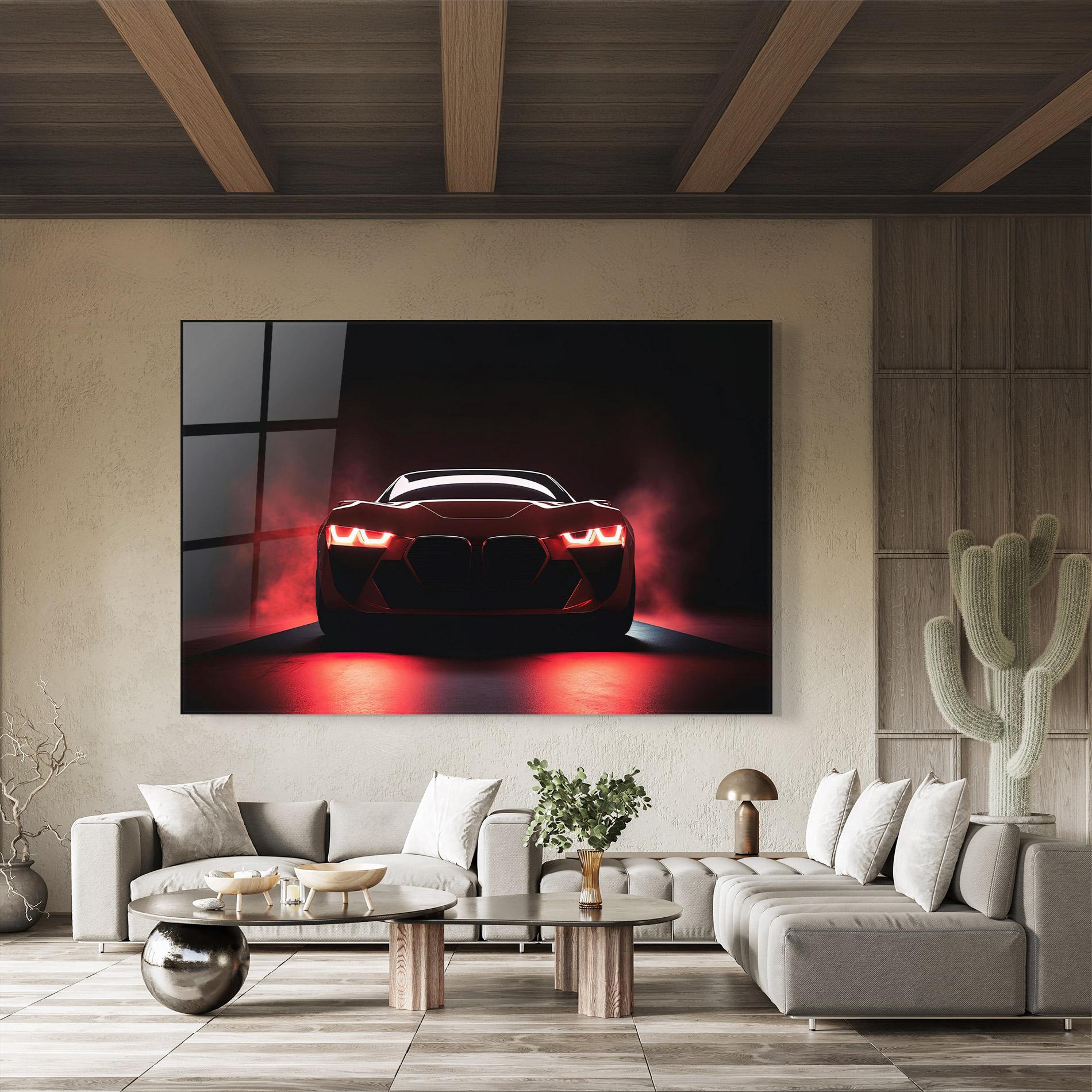 Tablou Sticla Red Bmw In Smoke mockup 8