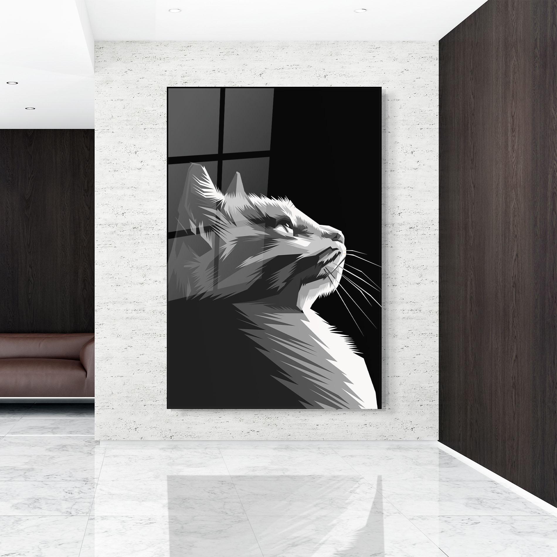 Tablou Sticla Grey Cat On Black mockup 9