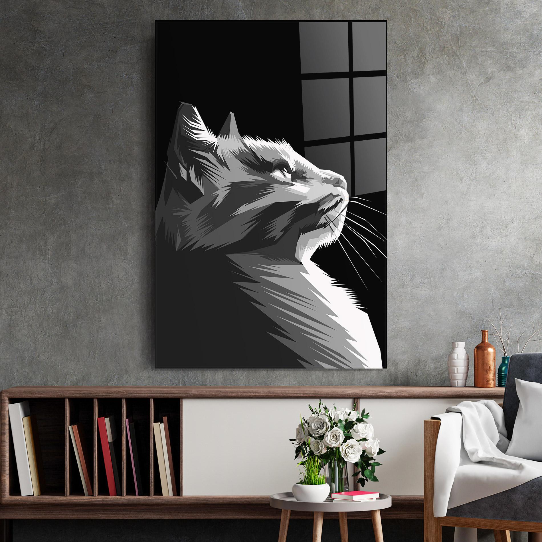 Tablou Sticla Grey Cat On Black mockup 2