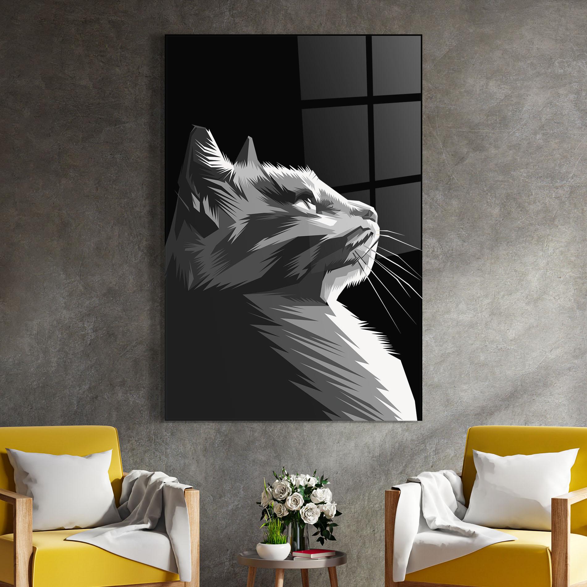 Tablou Sticla Grey Cat On Black mockup 4