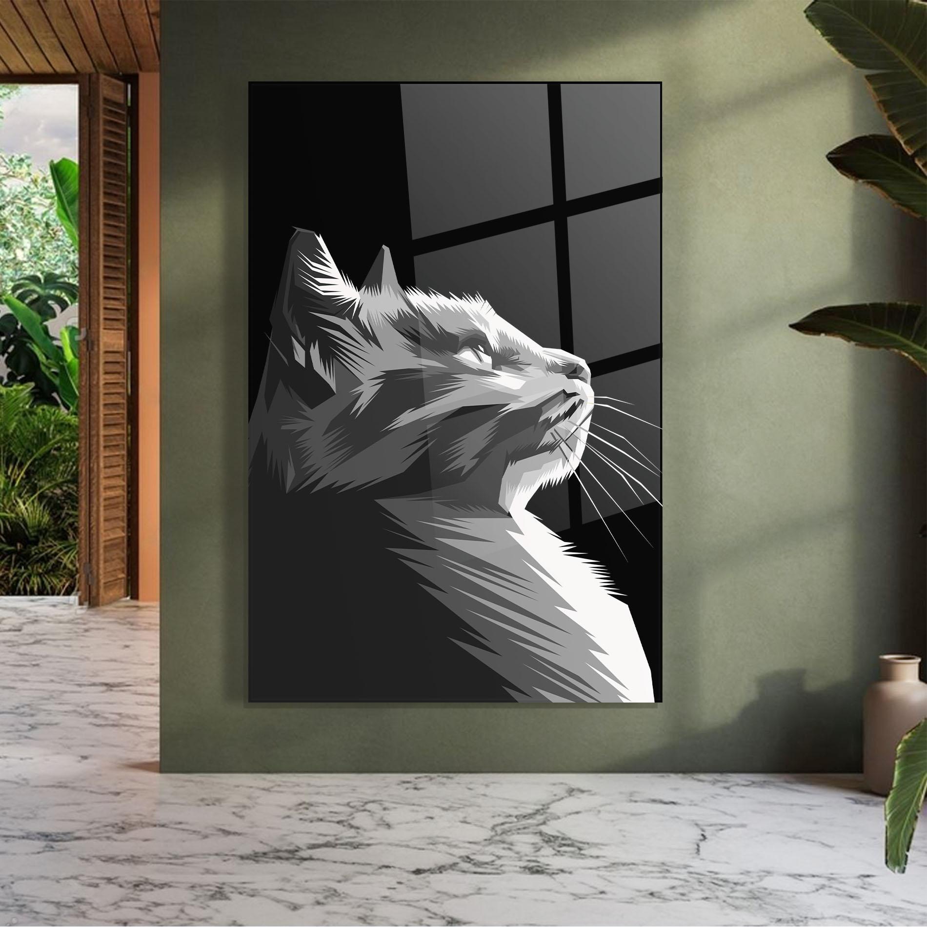 Tablou Sticla Grey Cat On Black mockup 7