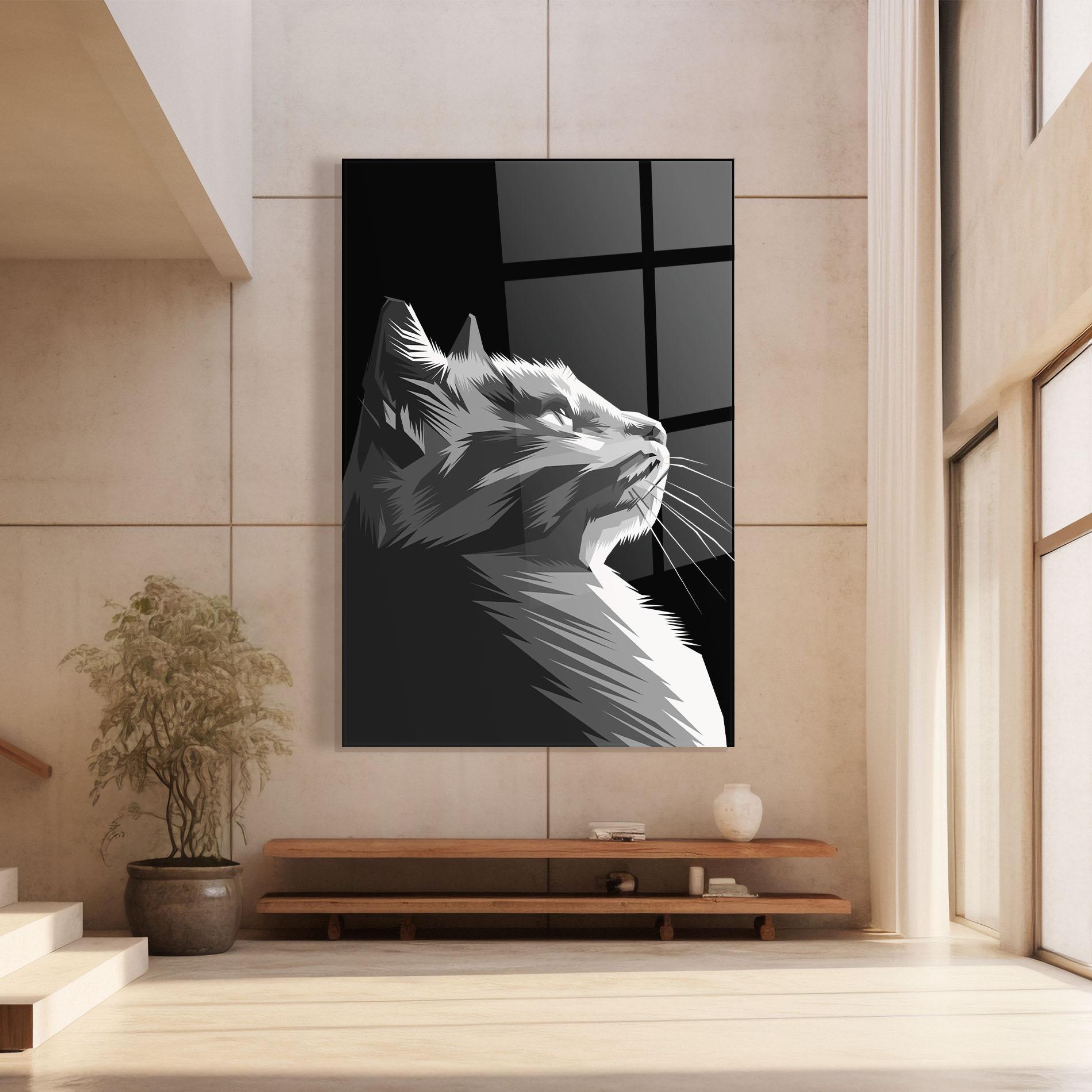 Tablou Sticla Grey Cat On Black mockup 8