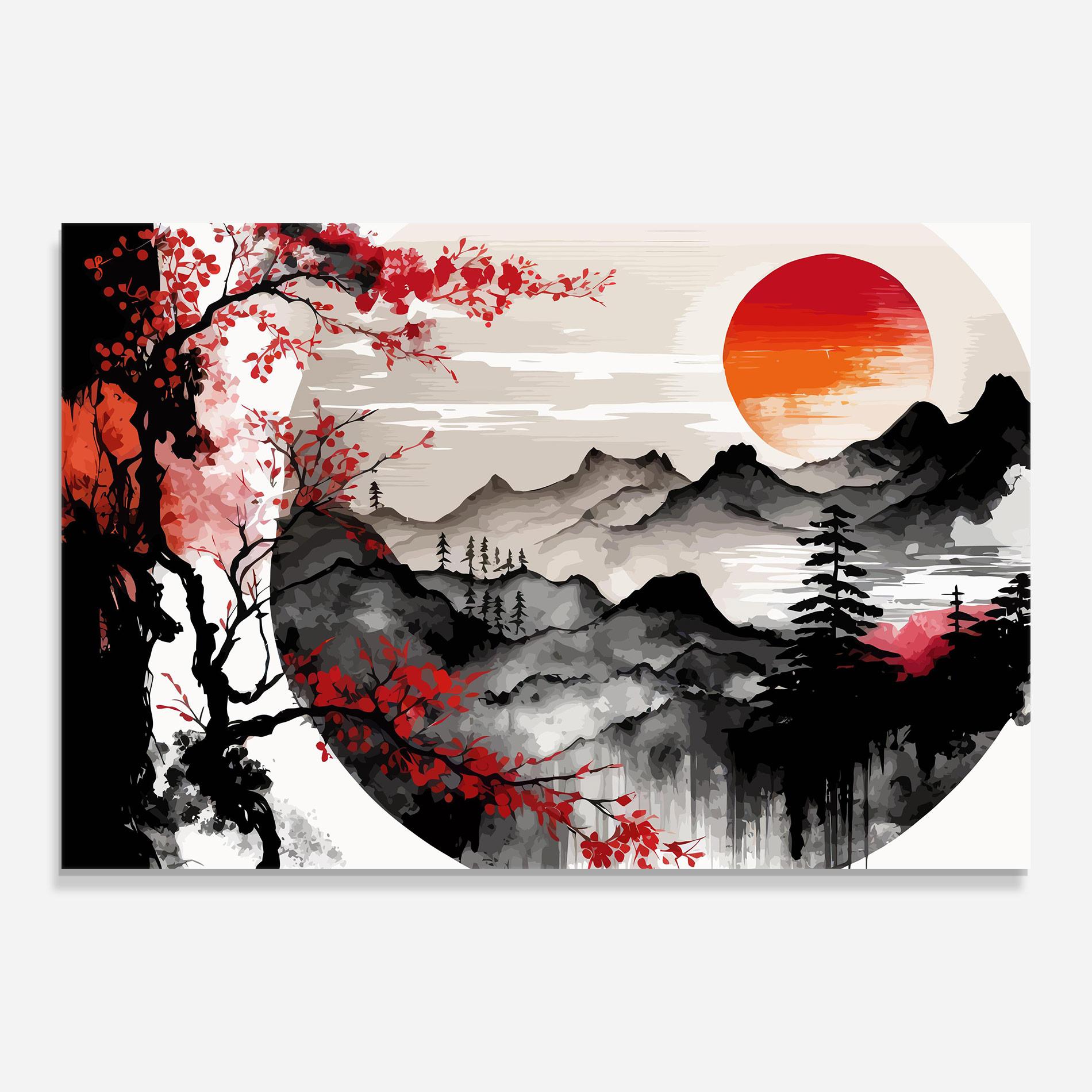 Tablou Sticla Asiatic Red Orange Sun mockup 0