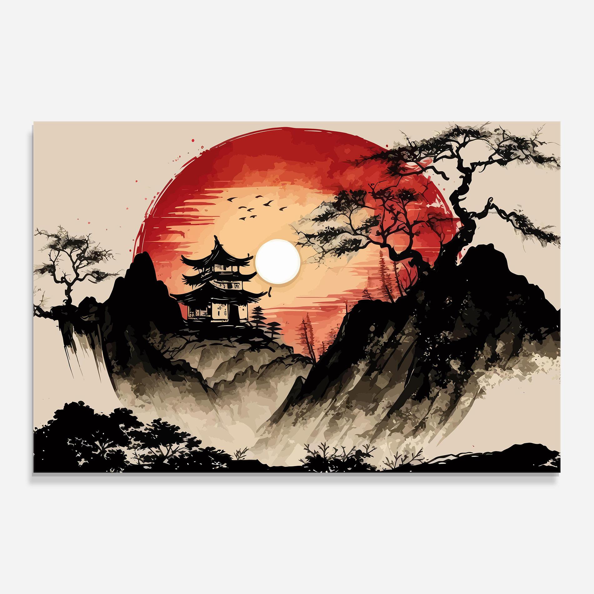 Tablou Sticla Sunset Asian View mockup 0