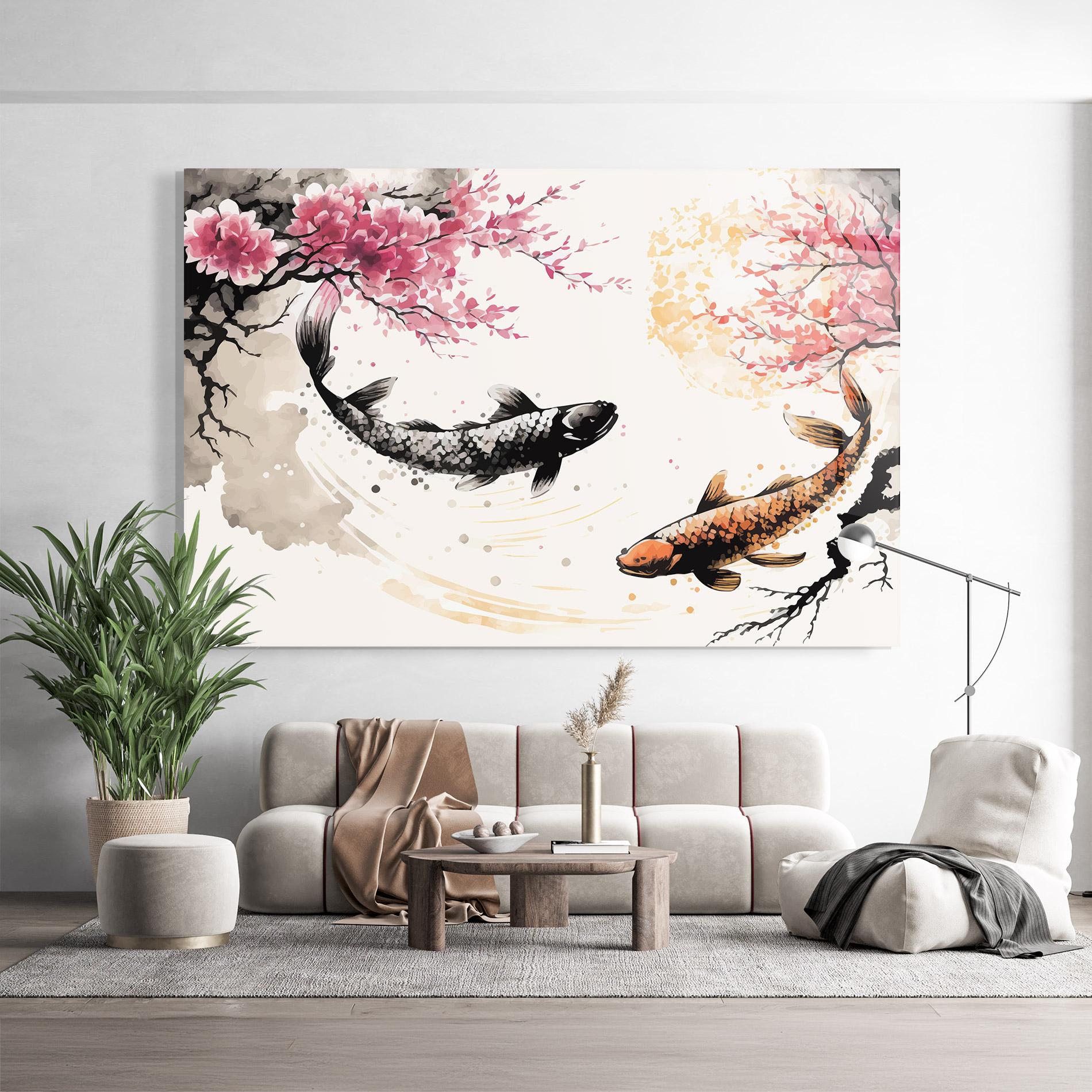 Tablou Sticla Asiatic Flower Fish mockup 9