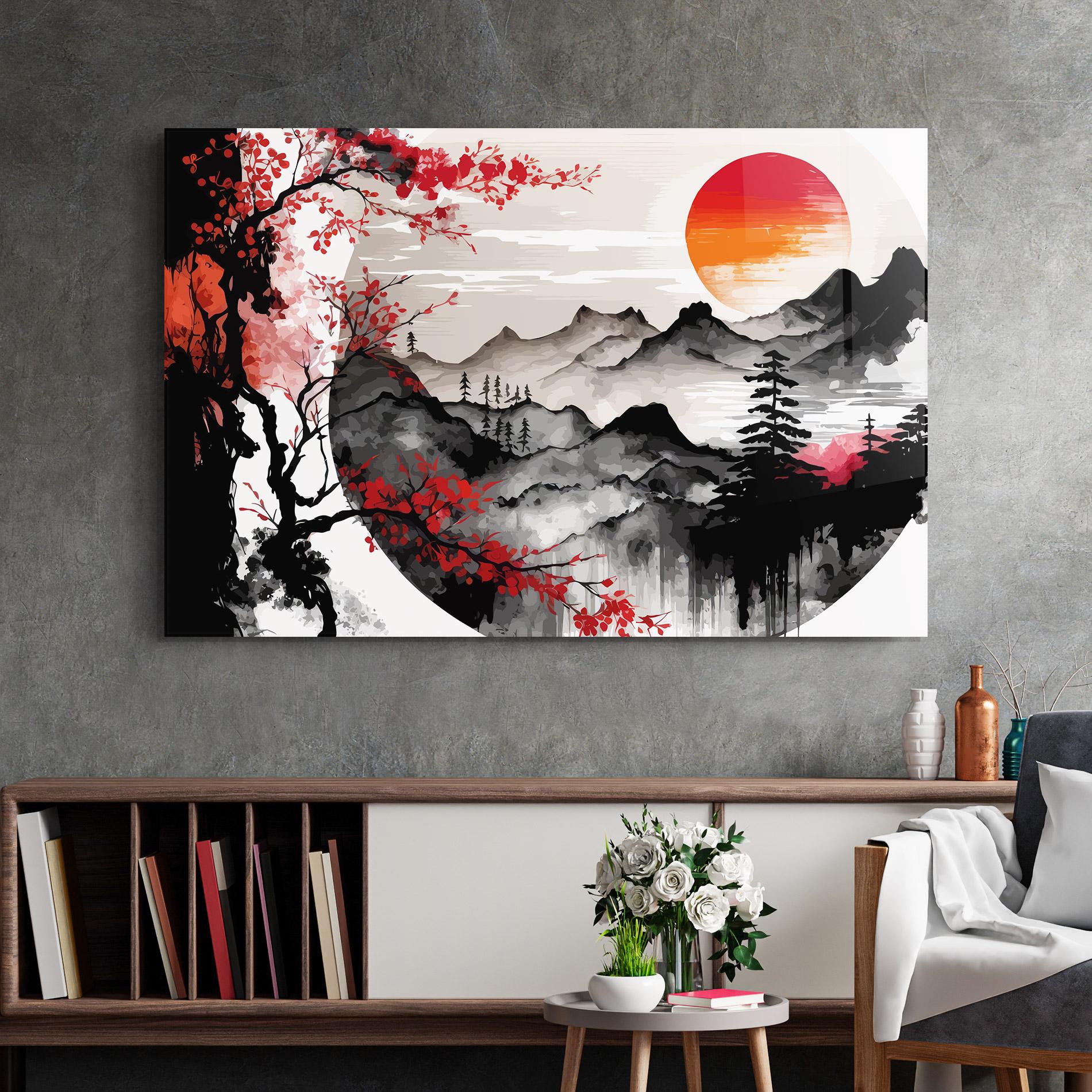 Tablou Sticla Asiatic Red Orange Sun mockup 2