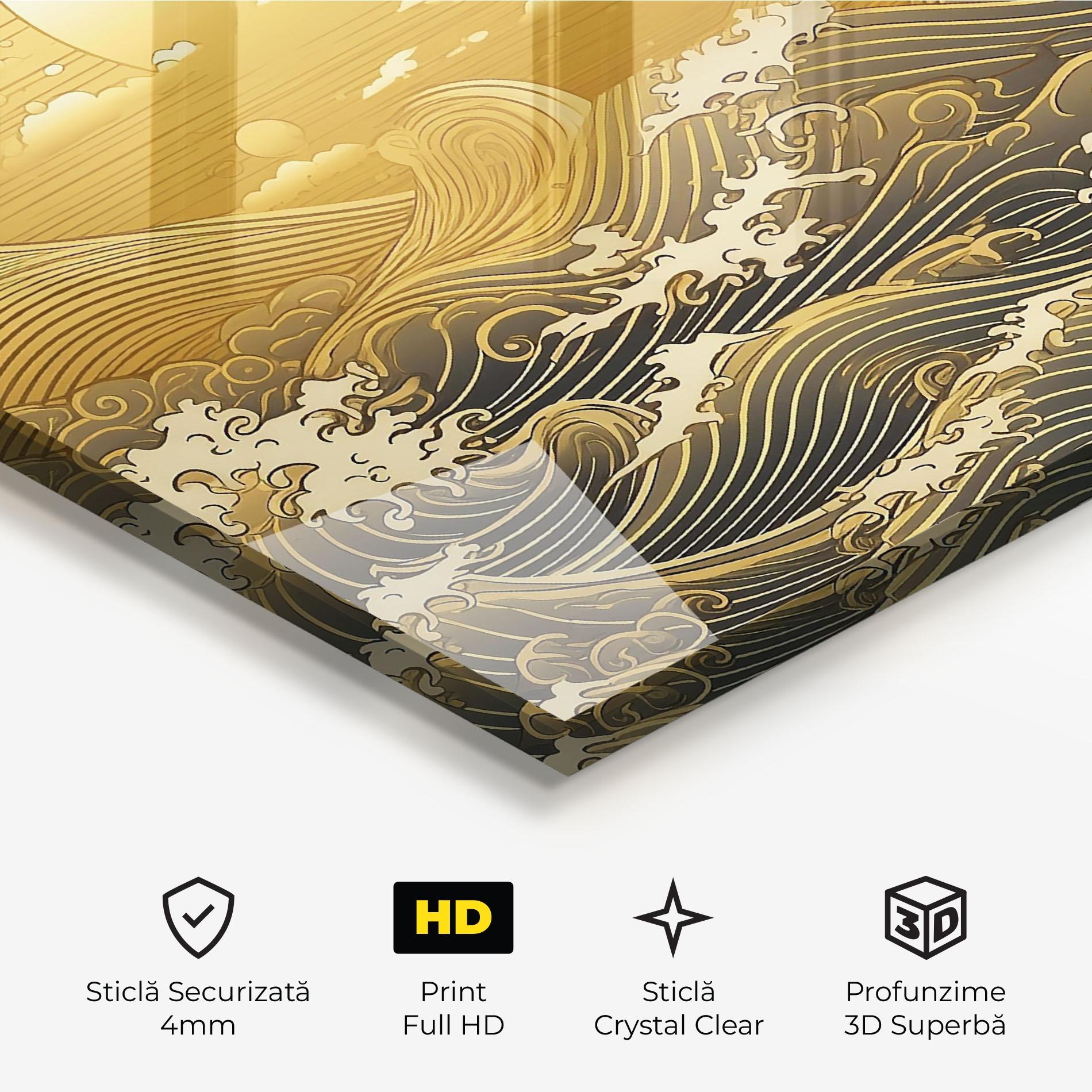 Tablou Sticla Blue Gold Waves mockup 3
