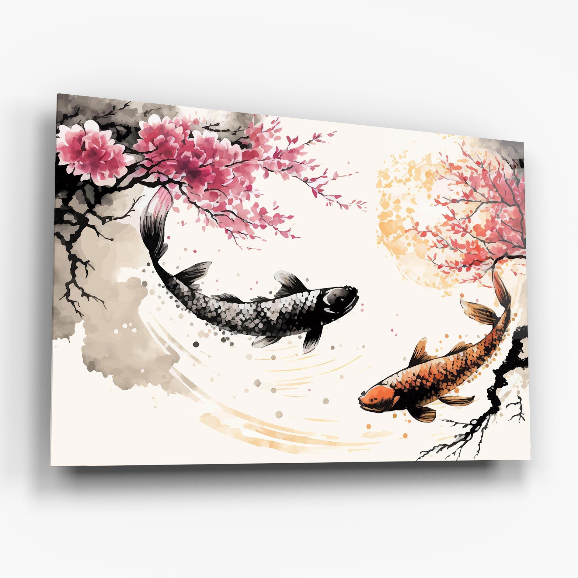 Tablou Sticla Asiatic Flower Fish mockup 6