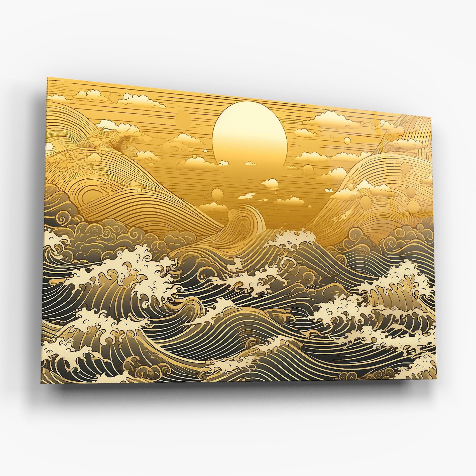 Tablou Sticla Blue Gold Waves mockup 6