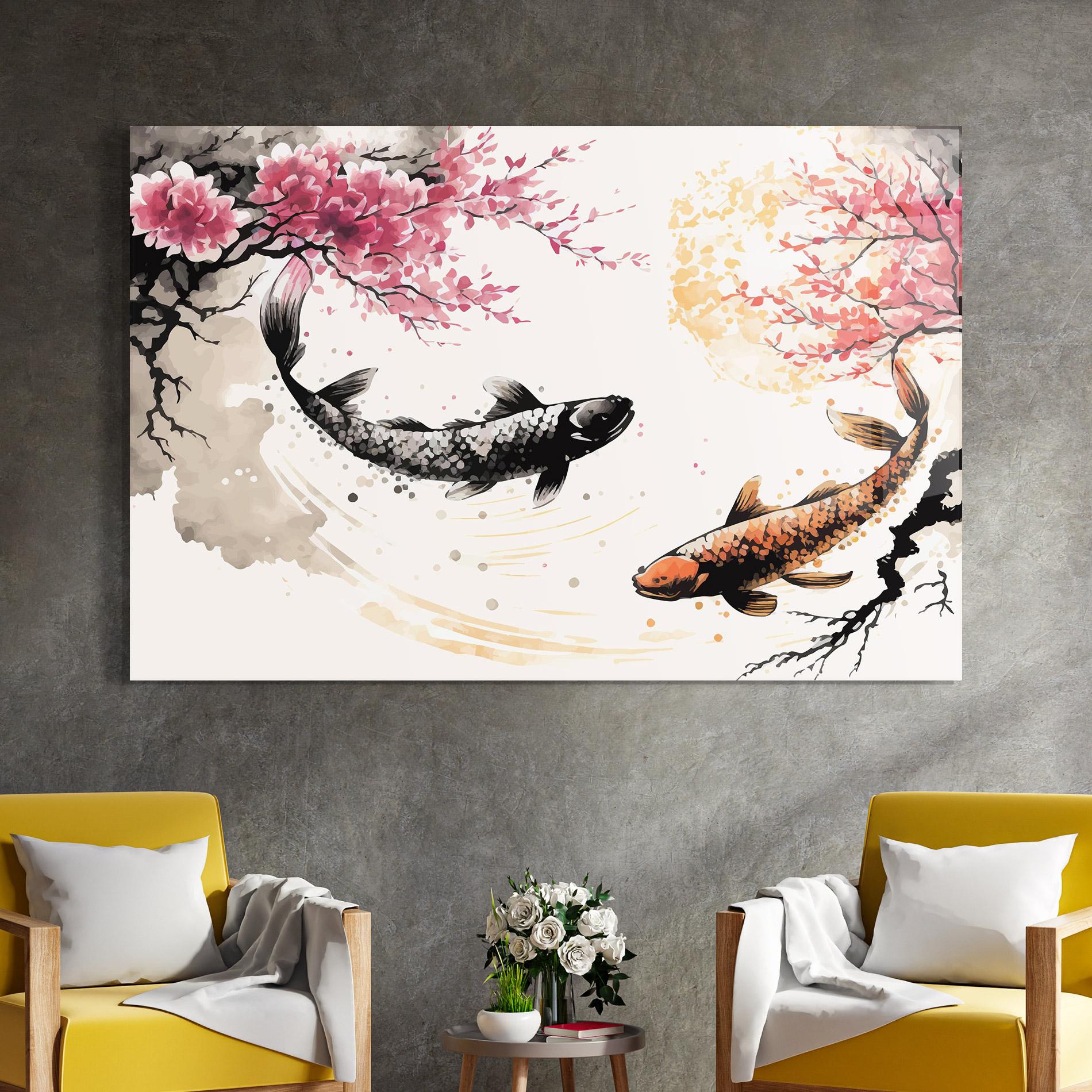 Tablou Sticla Asiatic Flower Fish mockup 4