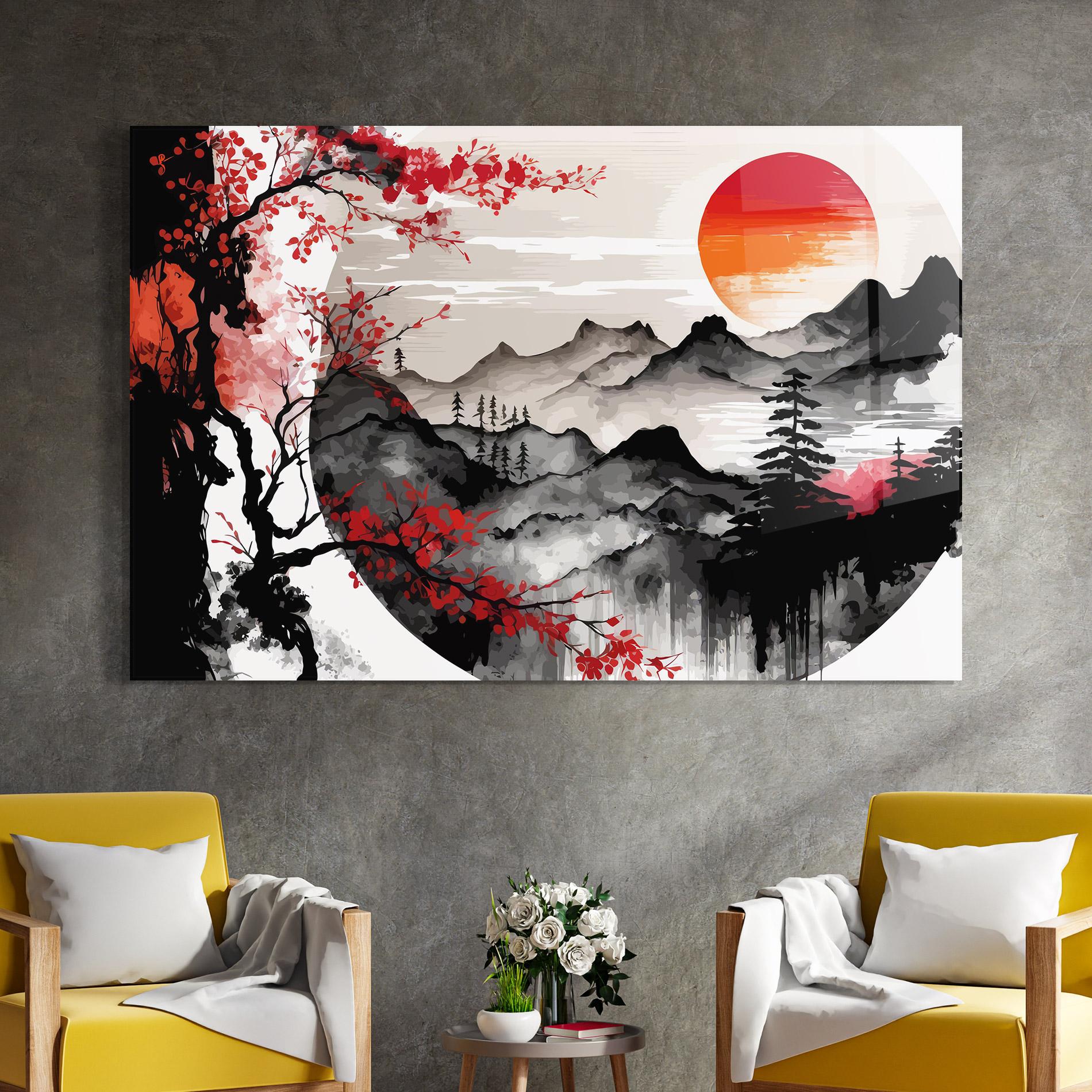 Tablou Sticla Asiatic Red Orange Sun mockup 4