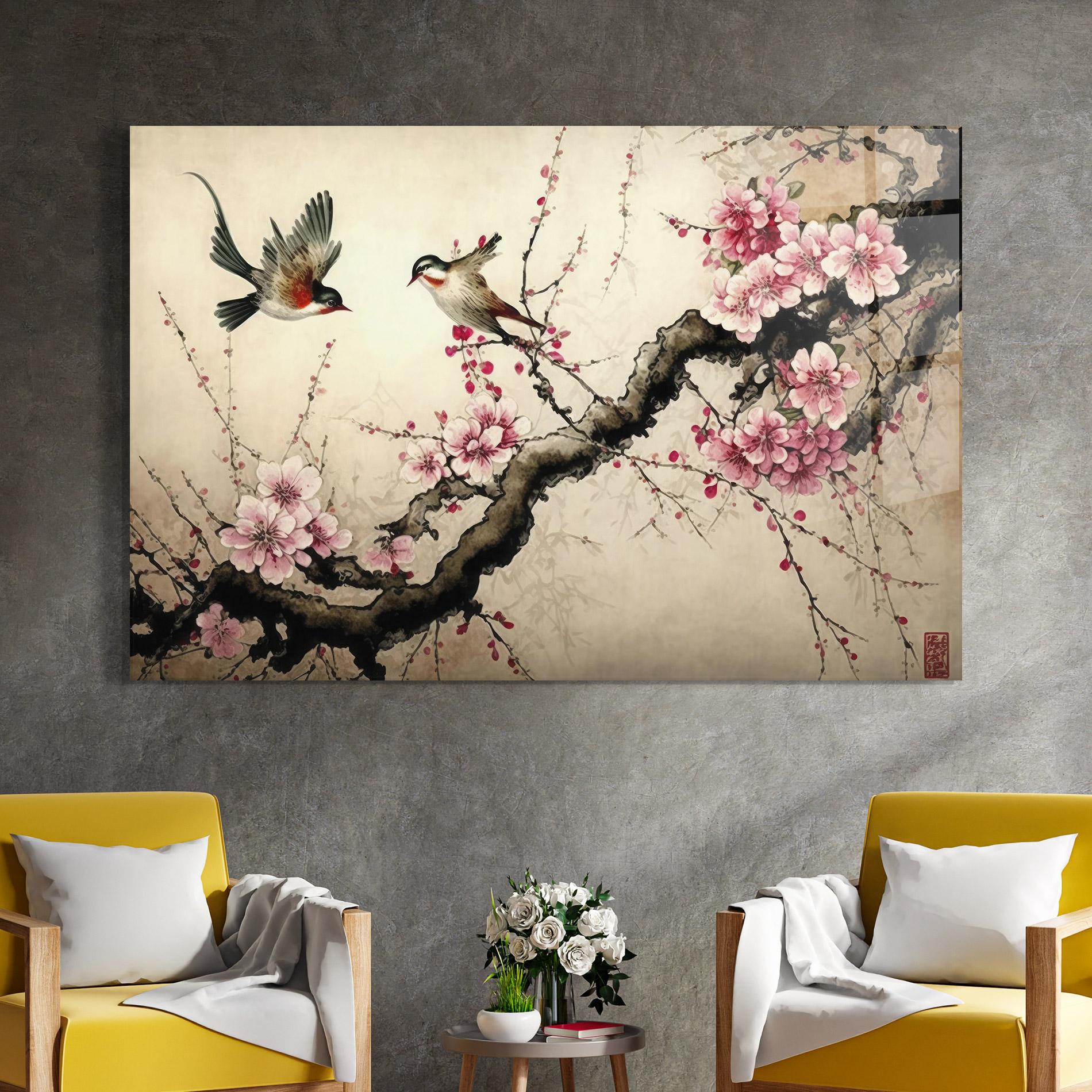 Tablou Sticla Cherry Blossom Birds mockup 4