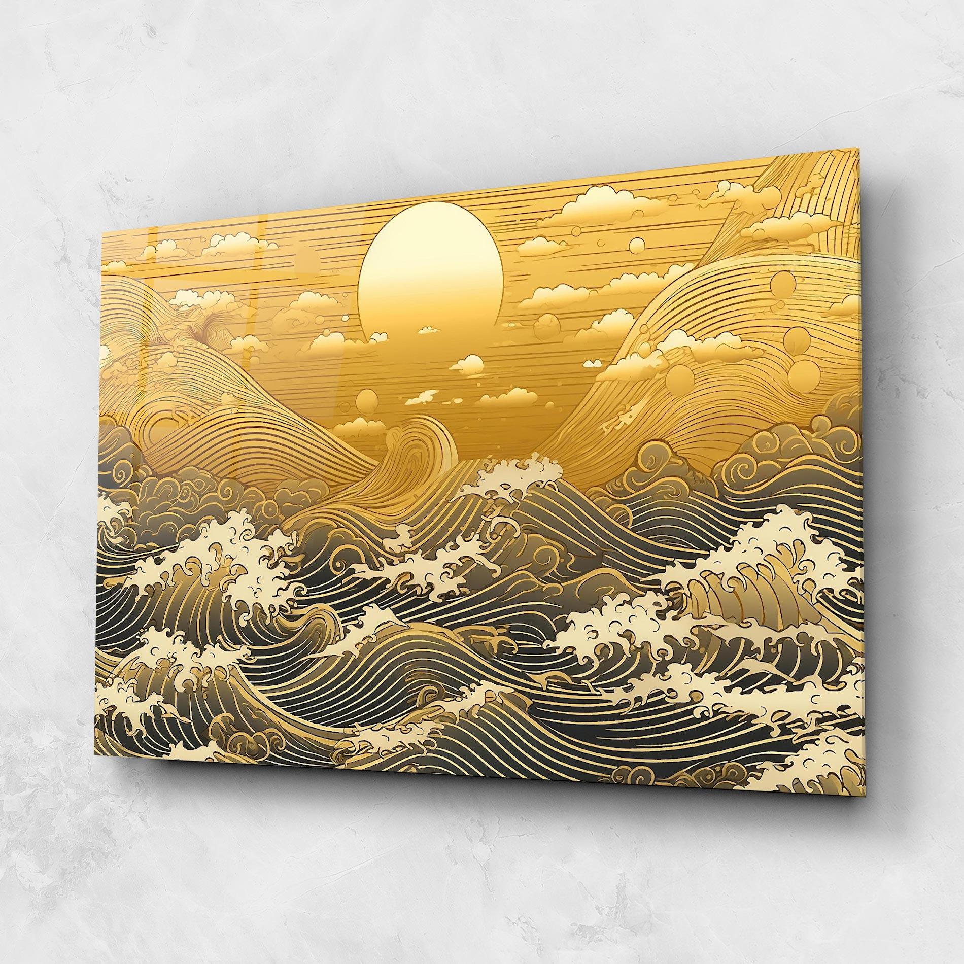 Tablou Sticla Blue Gold Waves mockup 1