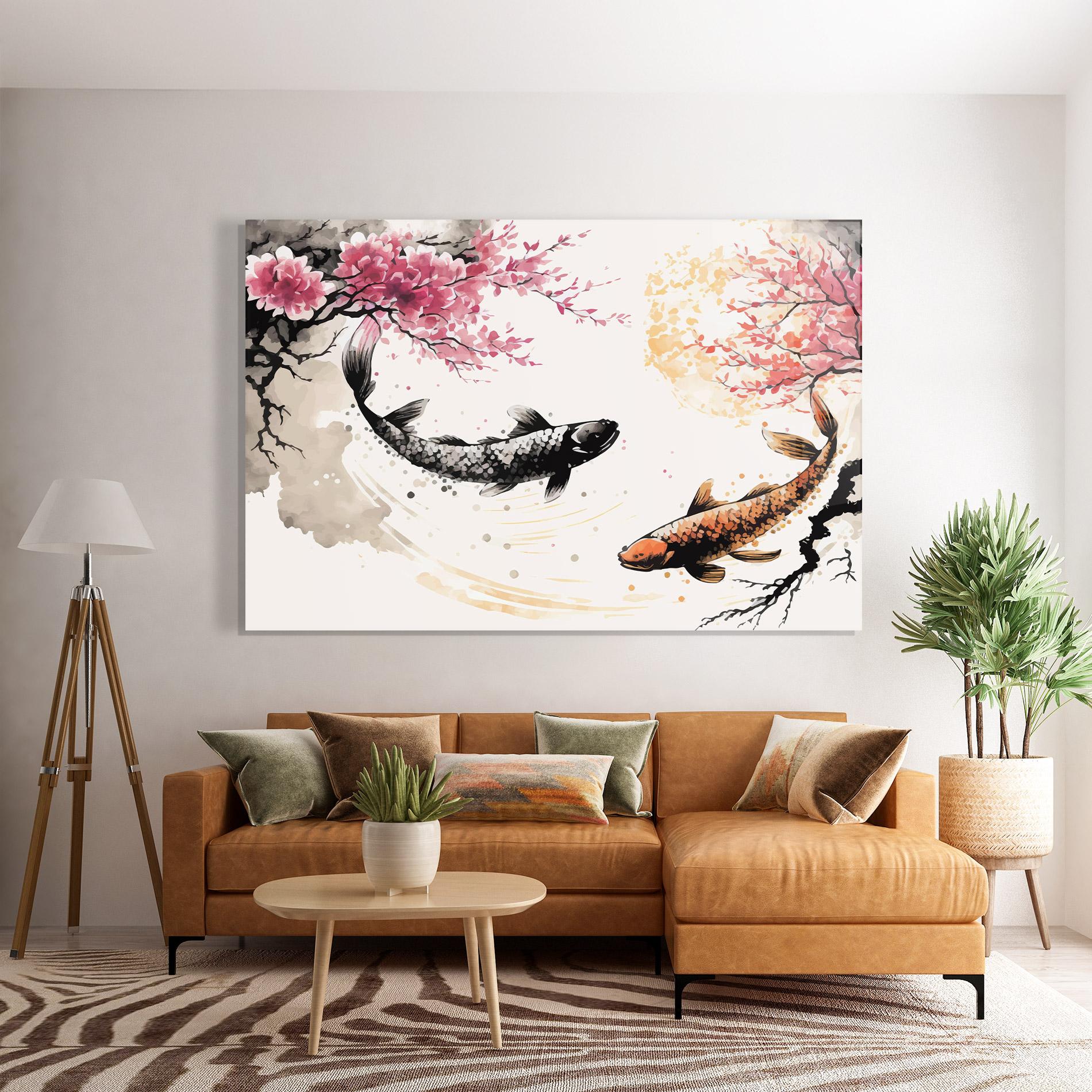 Tablou Sticla Asiatic Flower Fish mockup 7