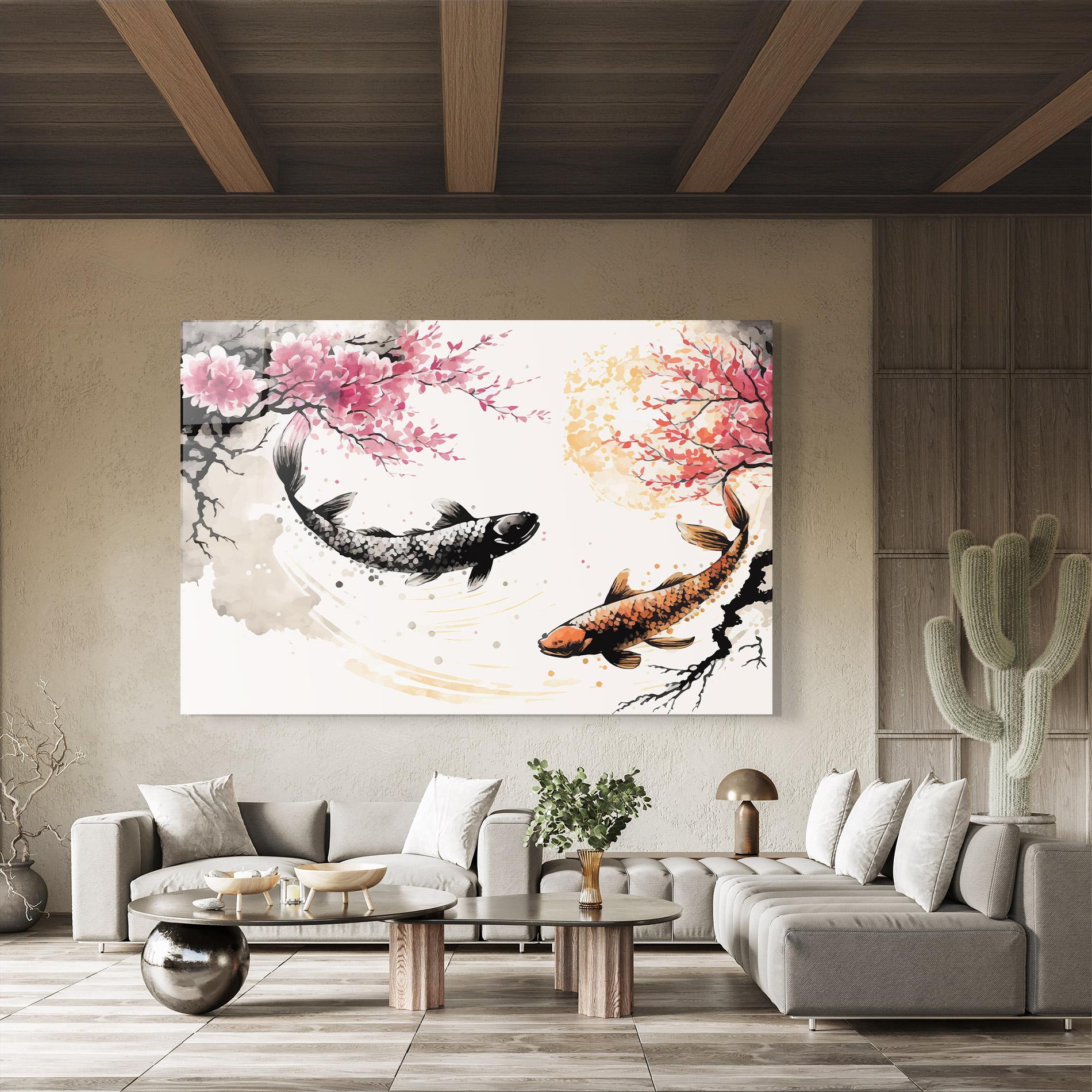 Tablou Sticla Asiatic Flower Fish mockup 8