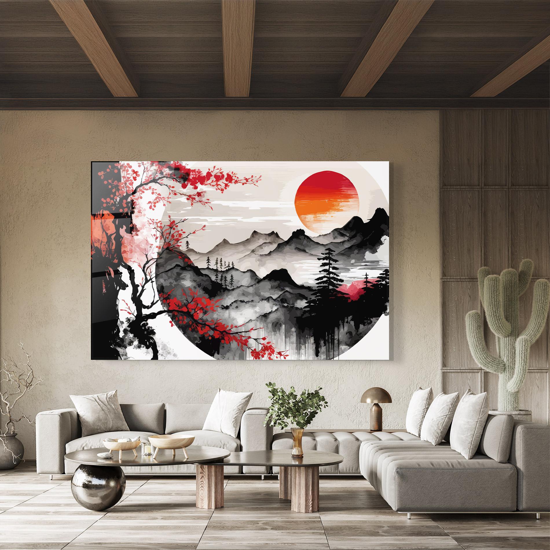 Tablou Sticla Asiatic Red Orange Sun mockup 8