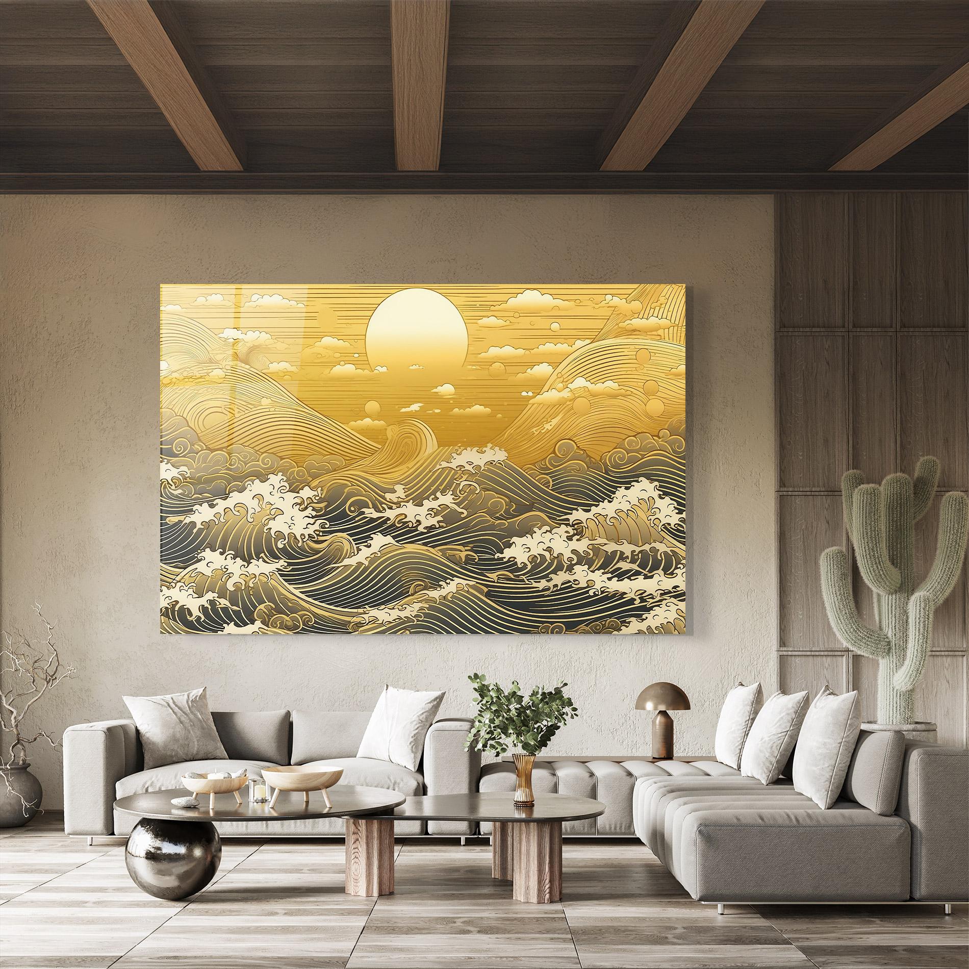 Tablou Sticla Blue Gold Waves mockup 8