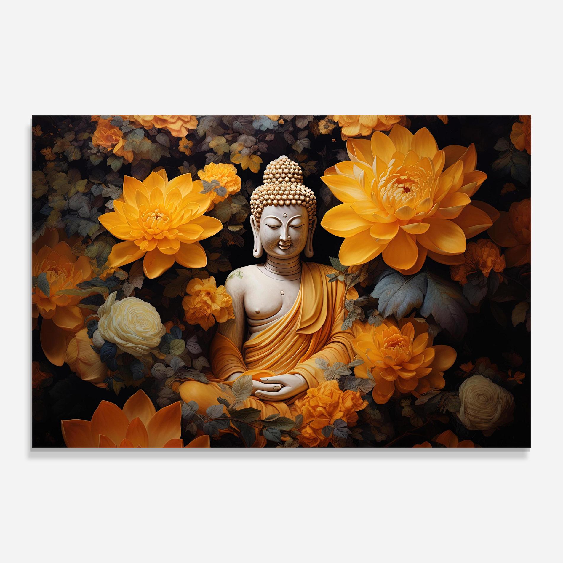 Tablou Sticla Buddha Big Flowers mockup 0