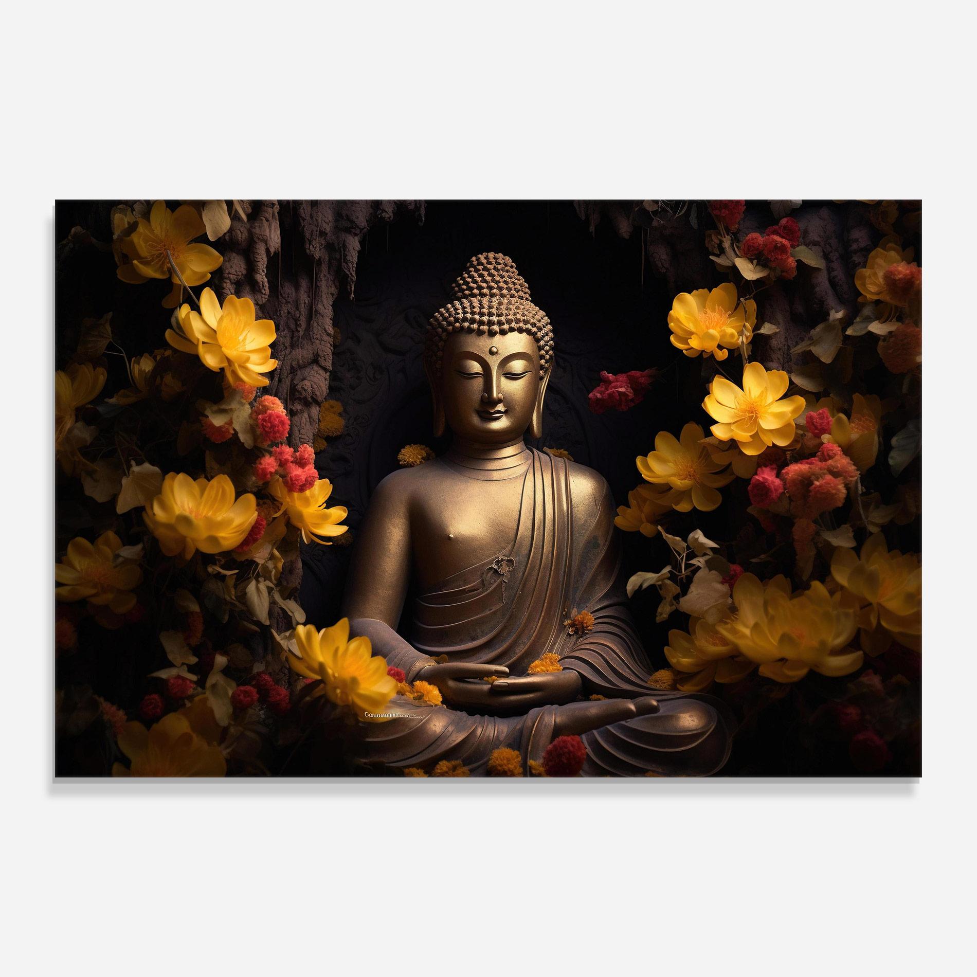 Tablou Sticla Buddha Yellow Red mockup 0