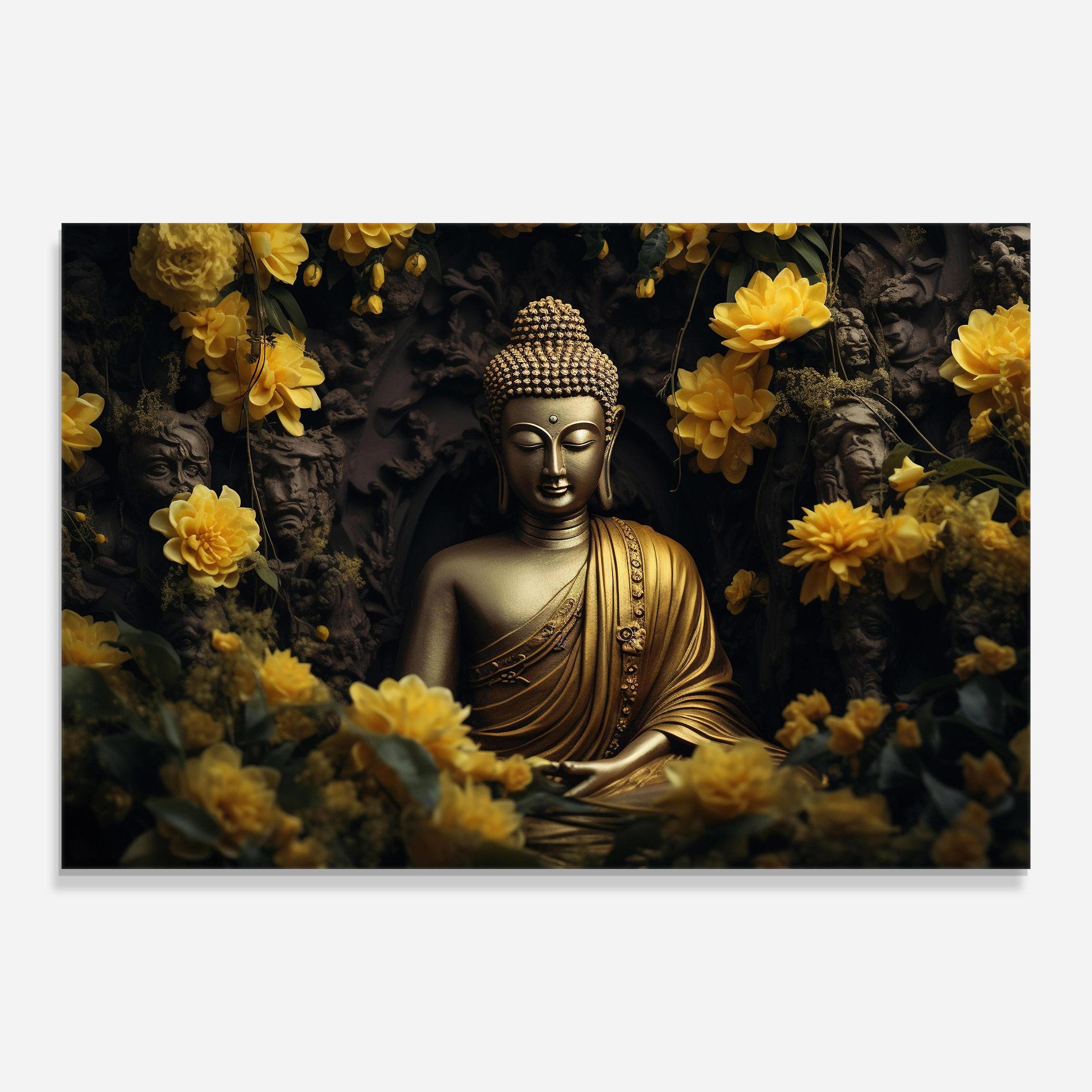 Tablou Sticla Gold Buddha Flowers mockup 0