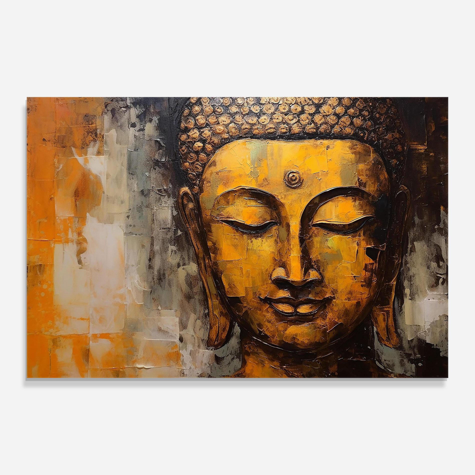 Tablou Sticla Yellow Buddha Face mockup 0