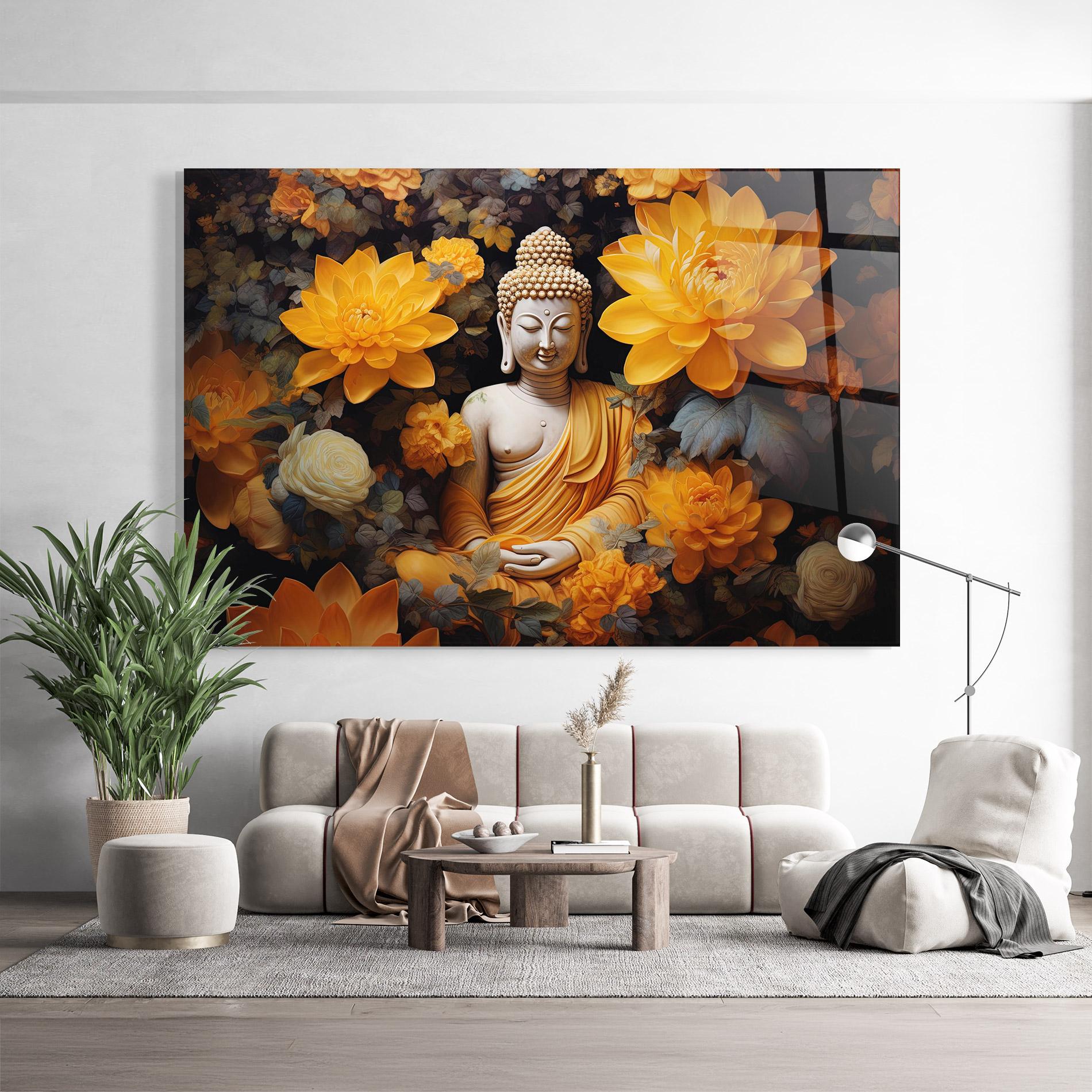 Tablou Sticla Buddha Big Flowers mockup 9