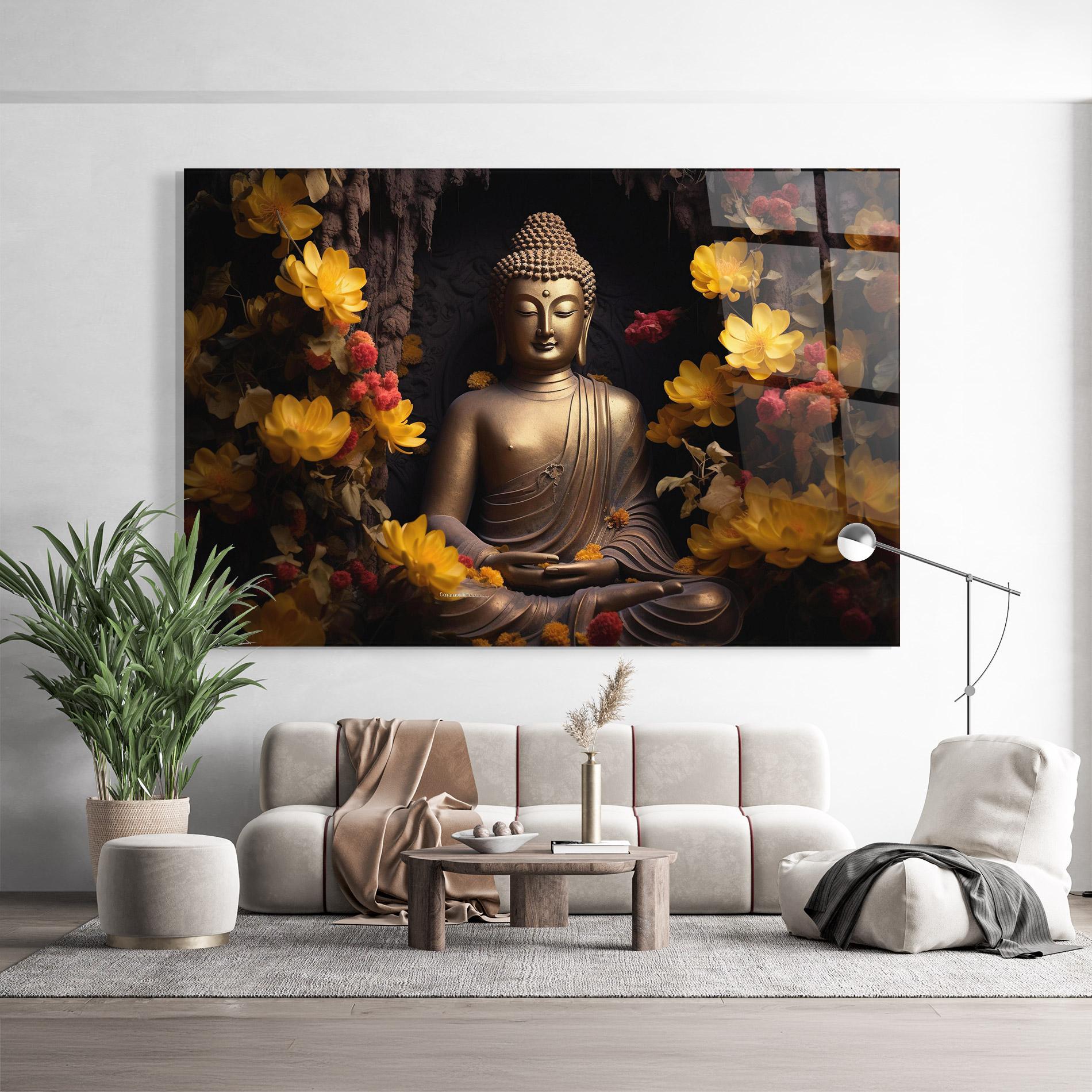 Tablou Sticla Buddha Yellow Red mockup 9