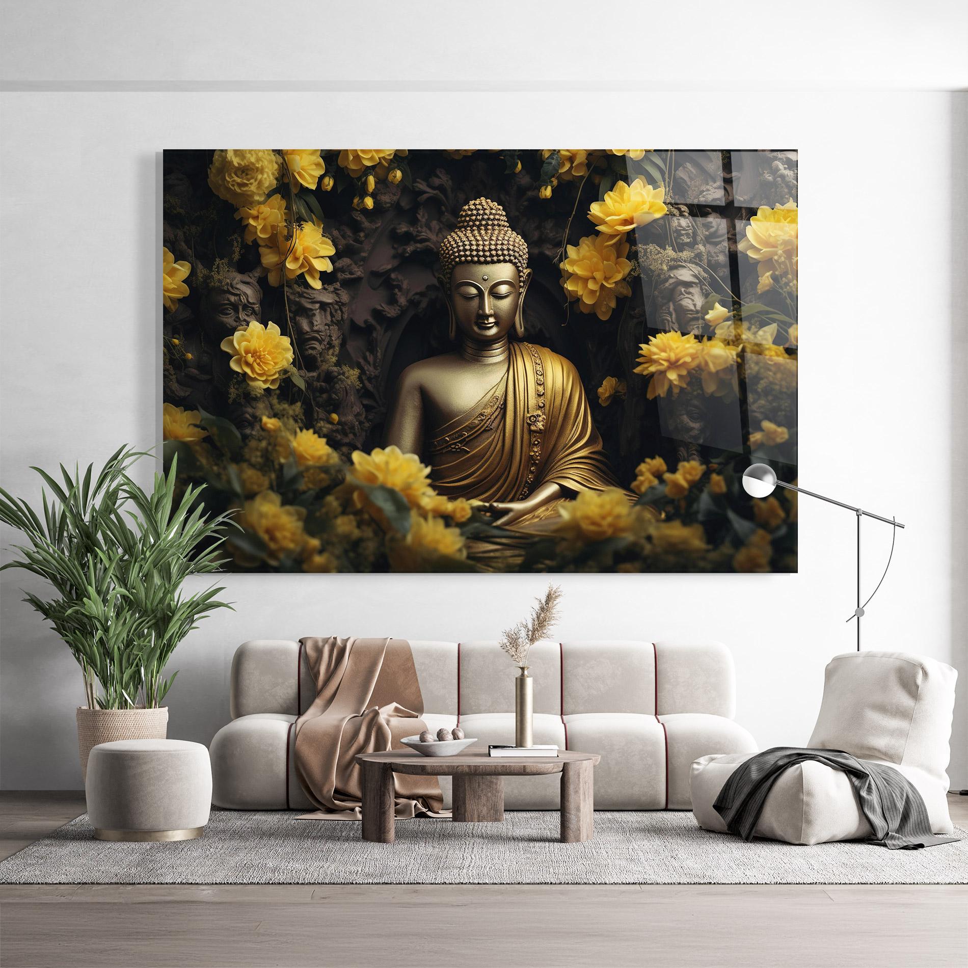 Tablou Sticla Gold Buddha Flowers mockup 9