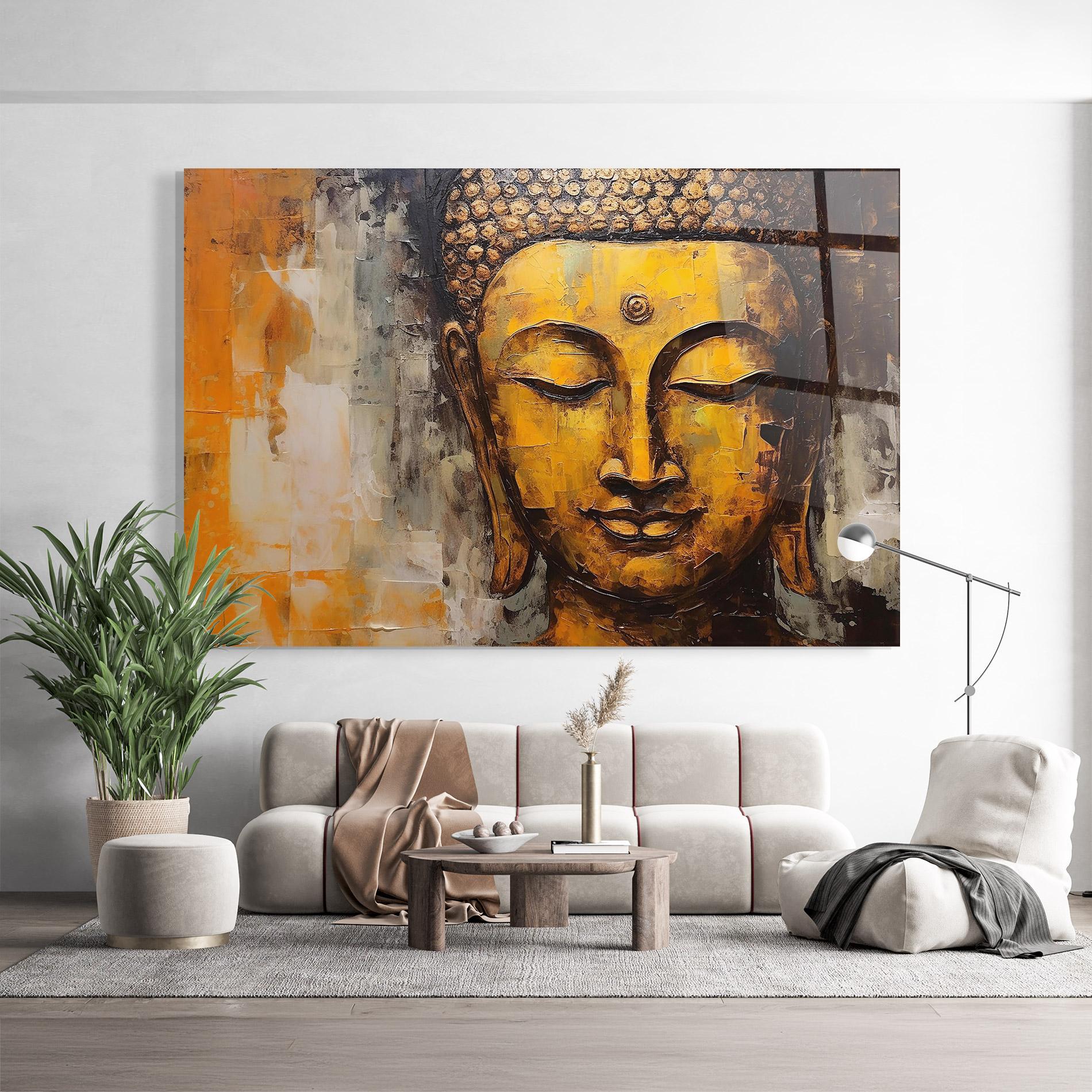 Tablou Sticla Yellow Buddha Face mockup 9