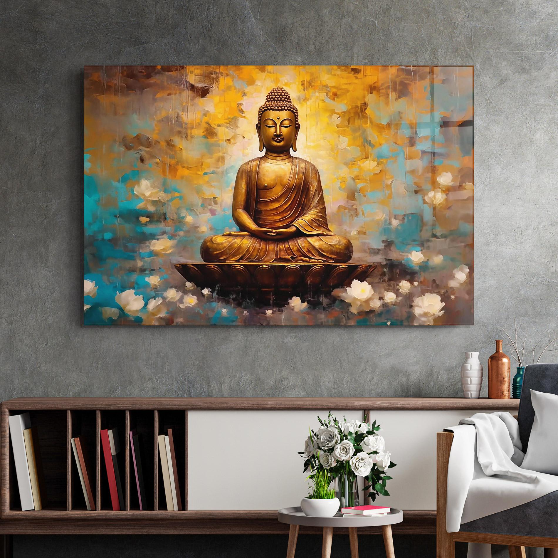 Tablou Sticla Blue Gold Buddha mockup 2