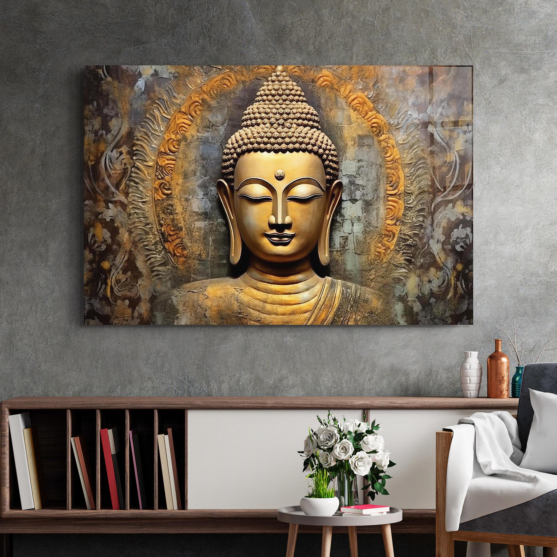 Tablou Sticla Buddha 3d Head mockup 2
