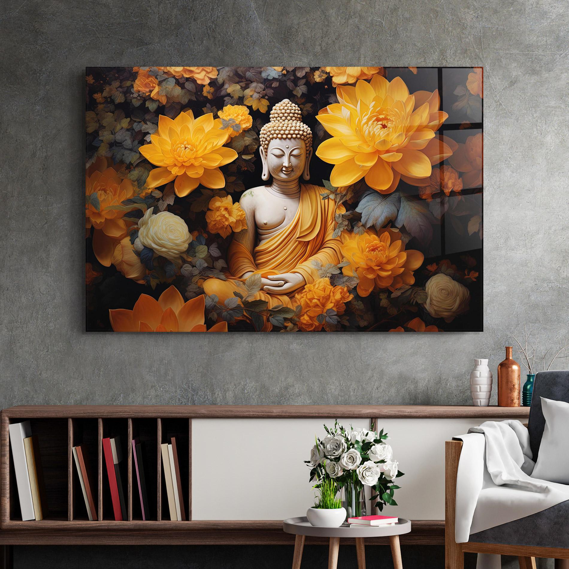 Tablou Sticla Buddha Big Flowers mockup 2