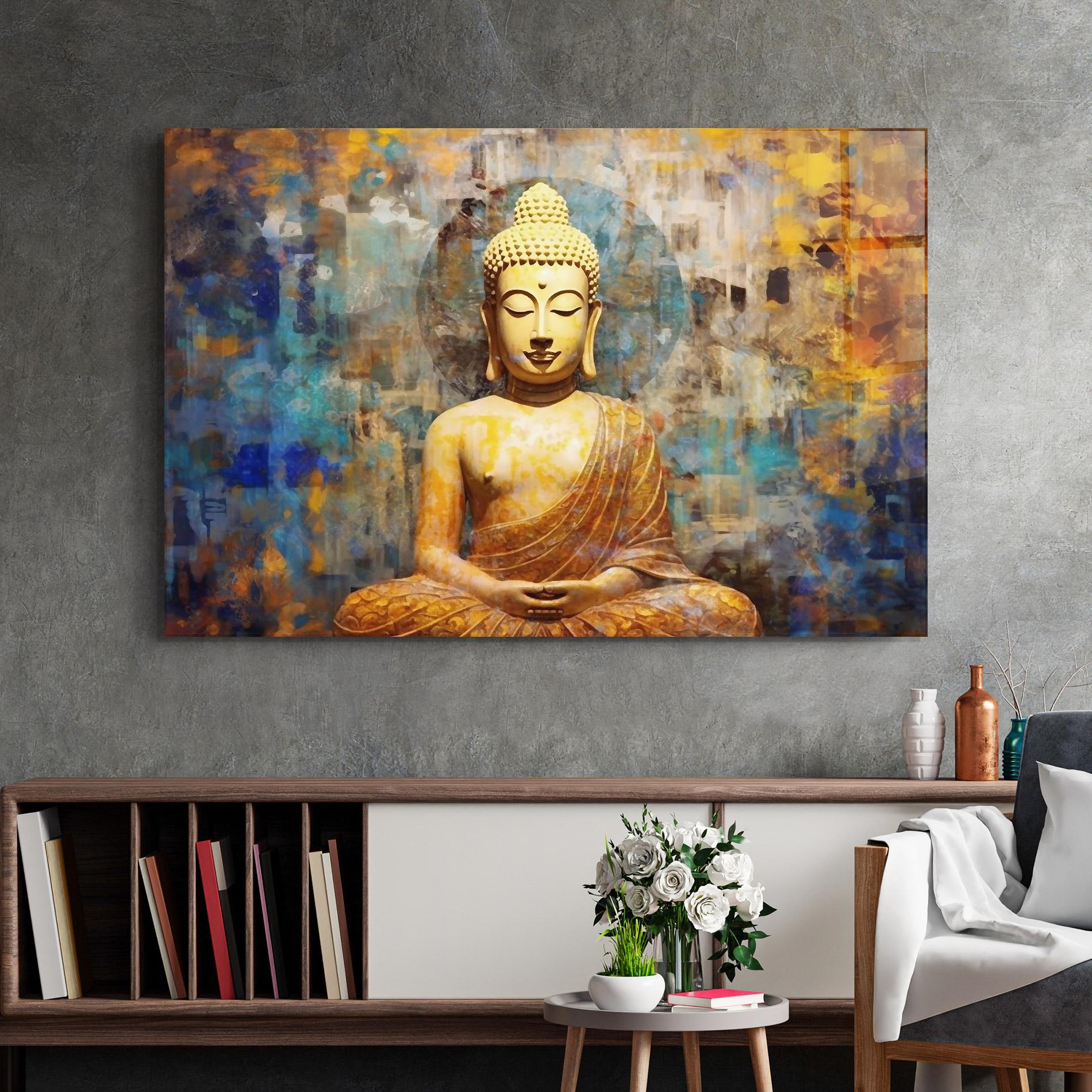Tablou Sticla Buddha Blue Gold mockup 2