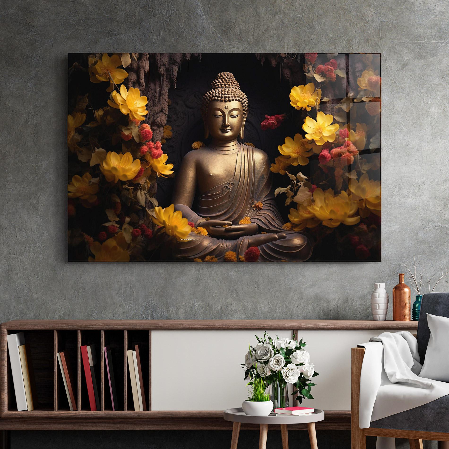 Tablou Sticla Buddha Yellow Red mockup 2