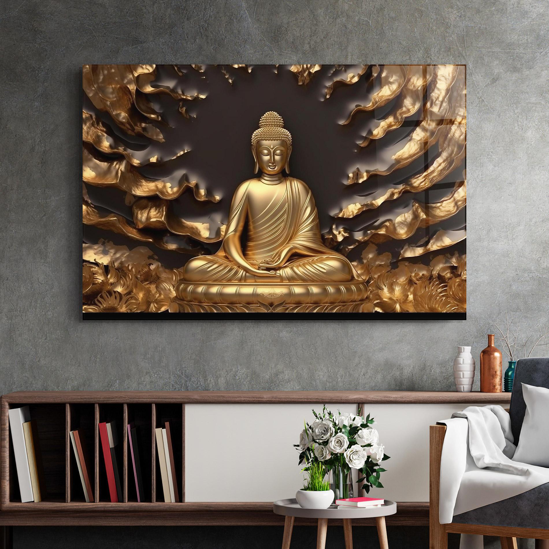 Tablou Sticla Gold 3d Buddha mockup 2