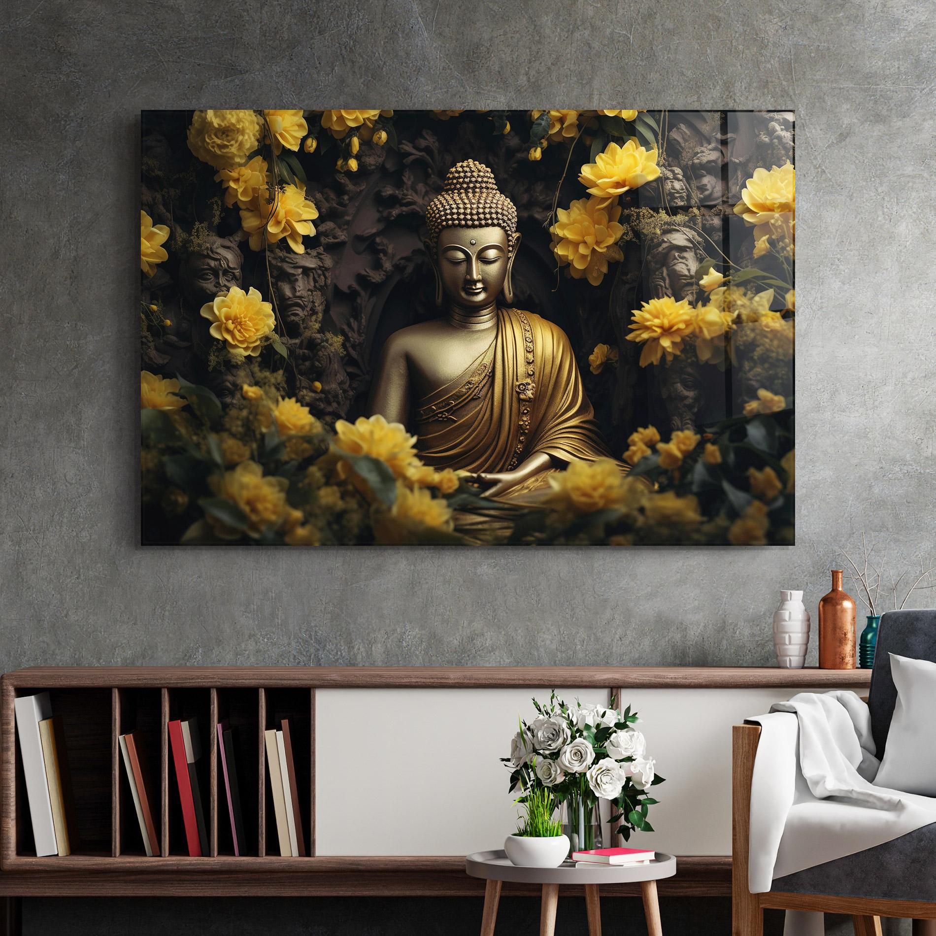 Tablou Sticla Gold Buddha Flowers mockup 2