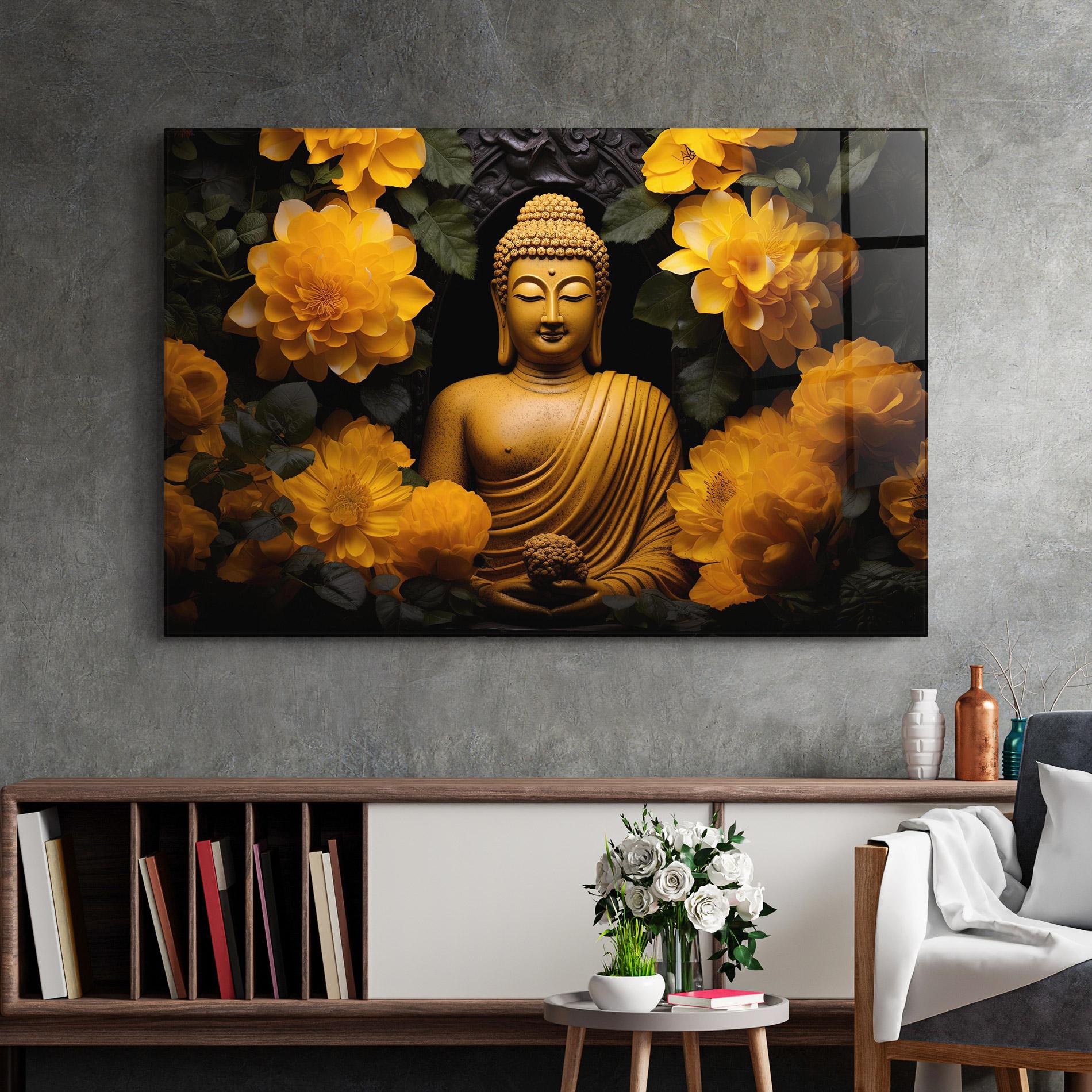 Tablou Sticla Vecteezy_buddha Statue Surrounded By Yellow Flowers Ai Generated_27745002_860 mockup 2