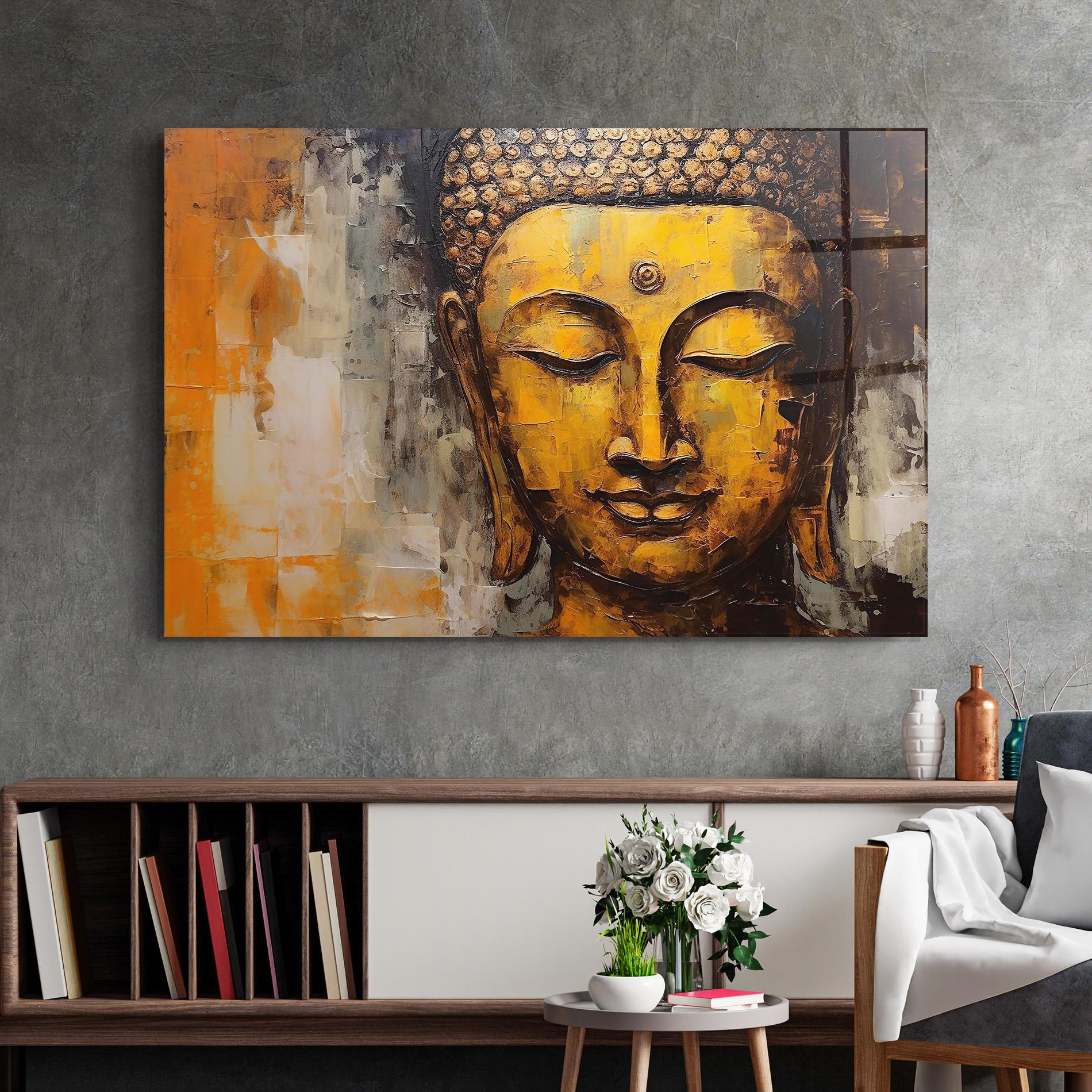 Tablou Sticla Yellow Buddha Face mockup 2