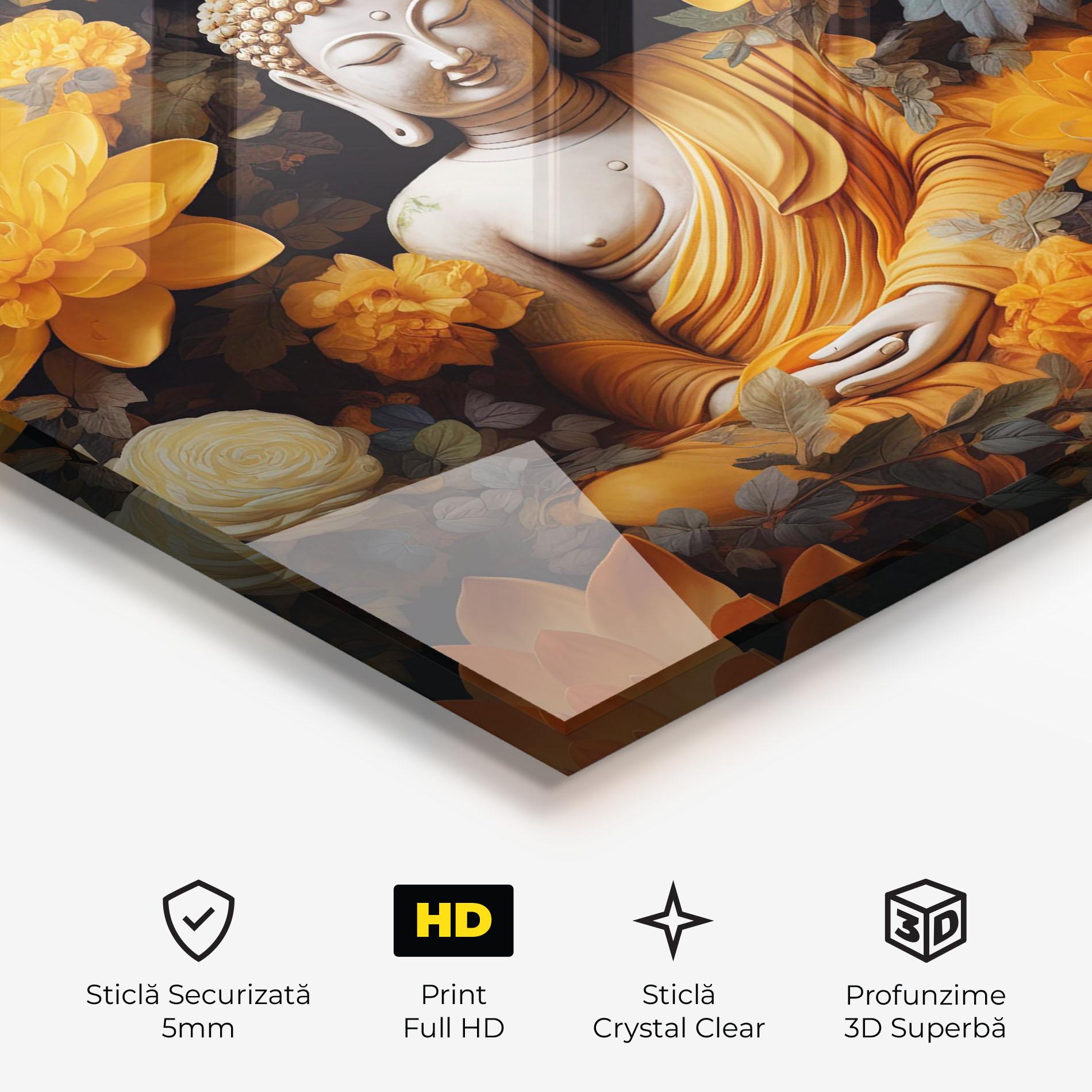 Tablou Sticla Buddha Big Flowers mockup 3