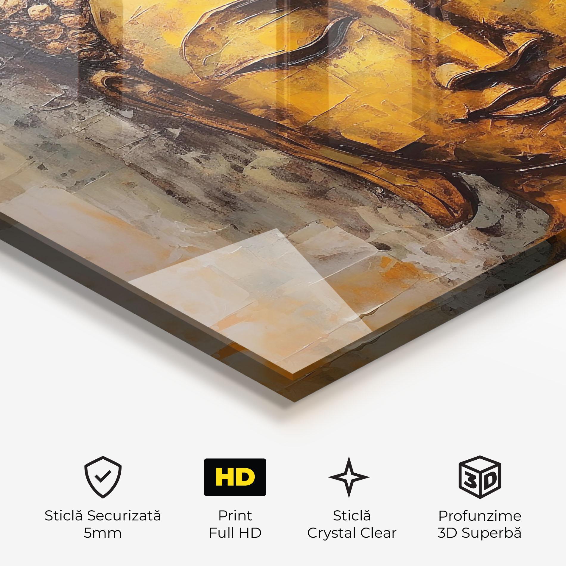 Tablou Sticla Yellow Buddha Face mockup 3