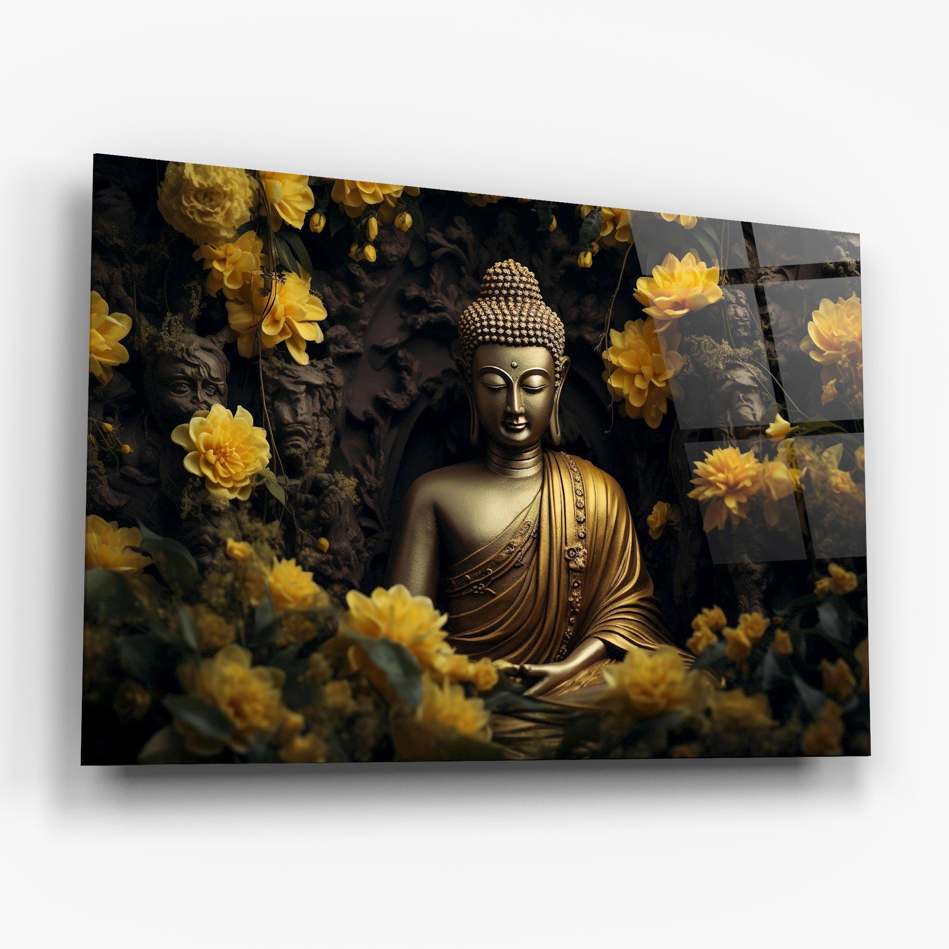 Tablou Sticla Gold Buddha Flowers mockup 6