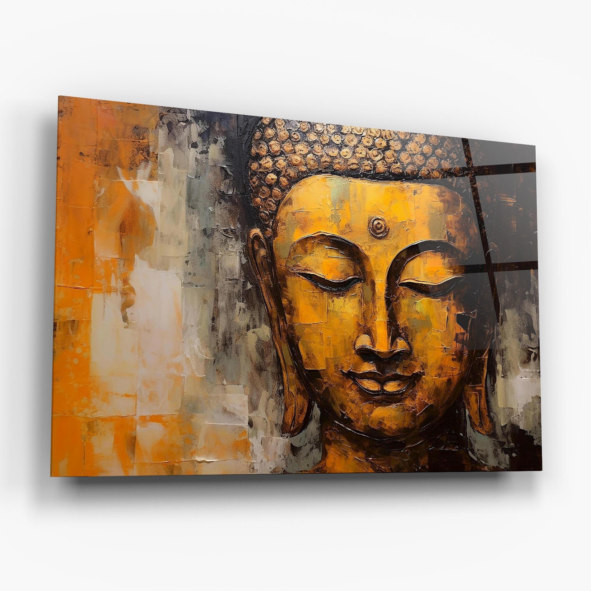 Tablou Sticla Yellow Buddha Face mockup 6