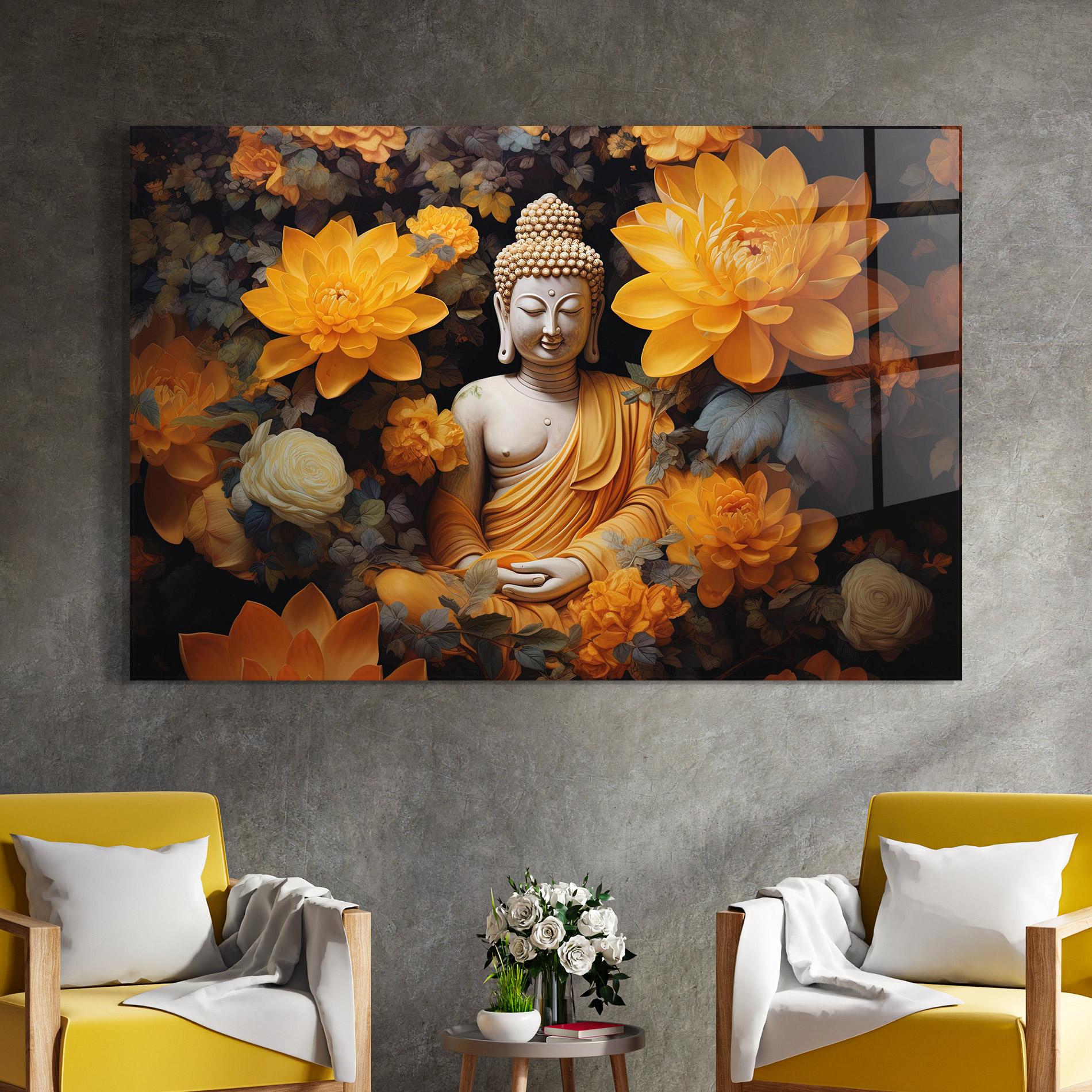Tablou Sticla Buddha Big Flowers mockup 4