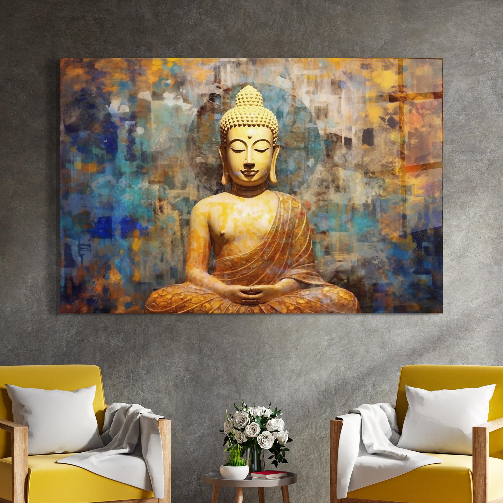 Tablou Sticla Buddha Blue Gold mockup 4