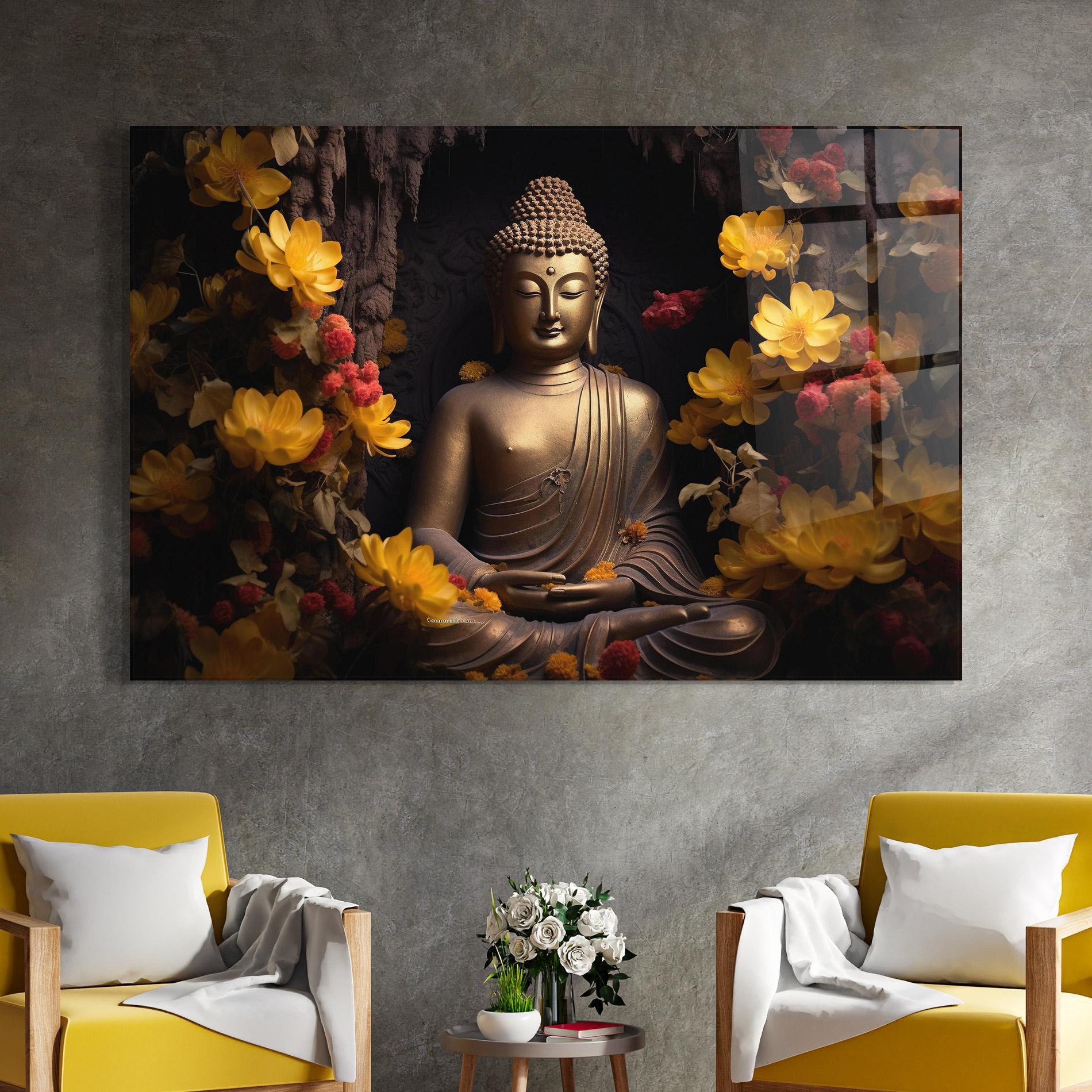 Tablou Sticla Buddha Yellow Red mockup 4