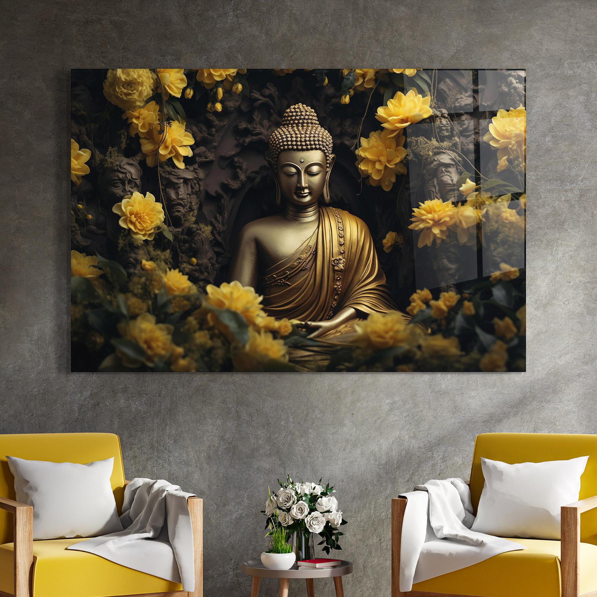 Tablou Sticla Gold Buddha Flowers mockup 4