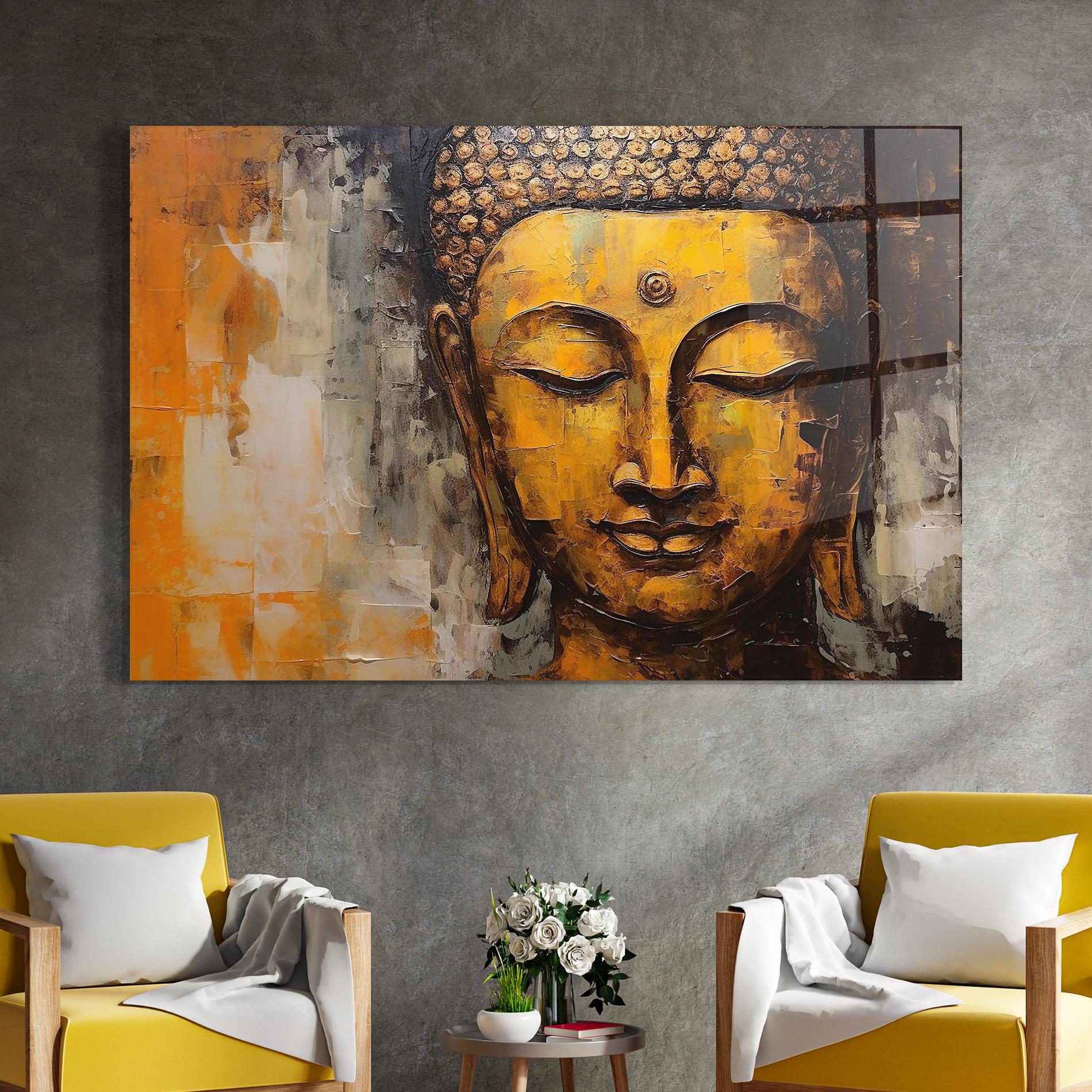 Tablou Sticla Yellow Buddha Face mockup 4