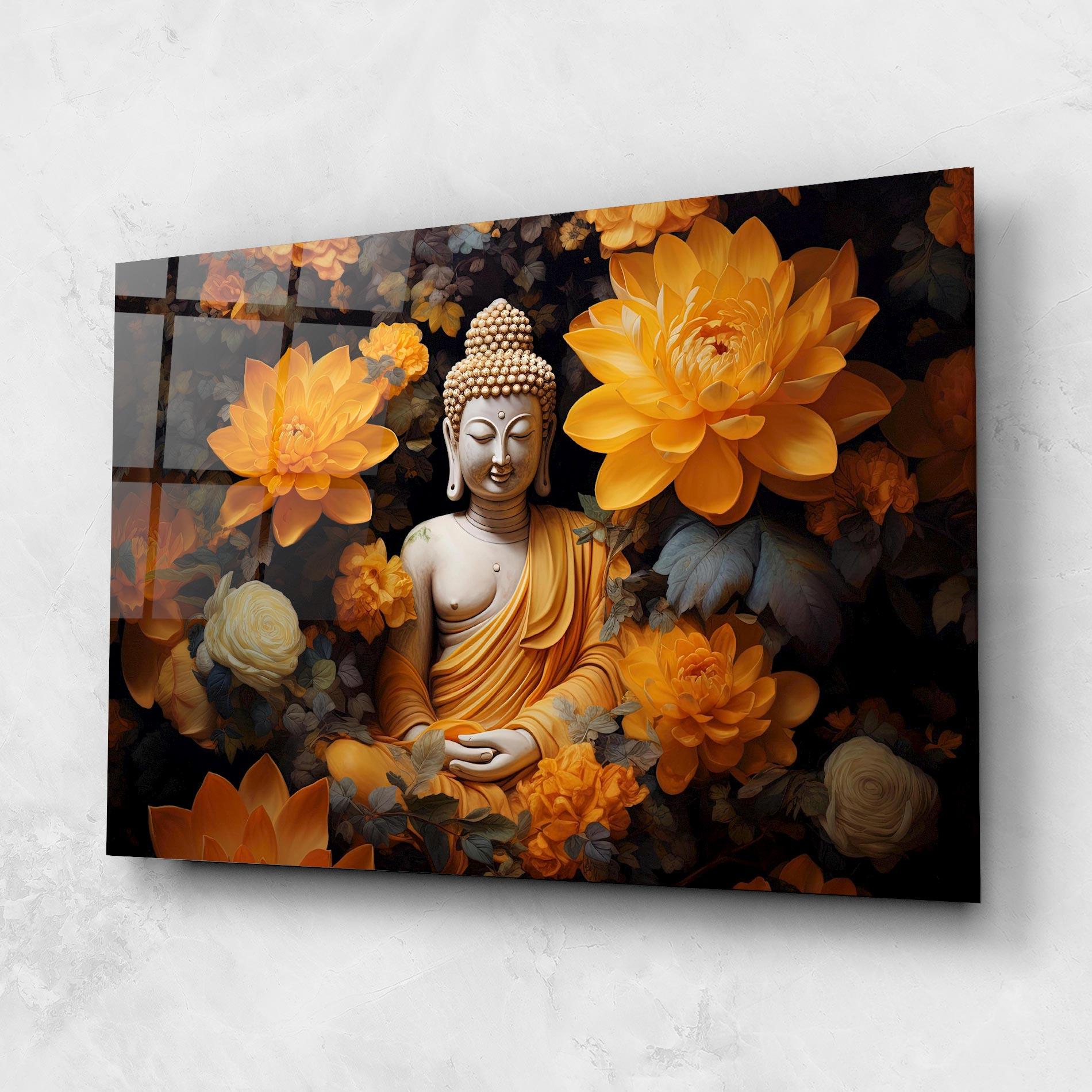 Tablou Sticla Buddha Big Flowers mockup 1
