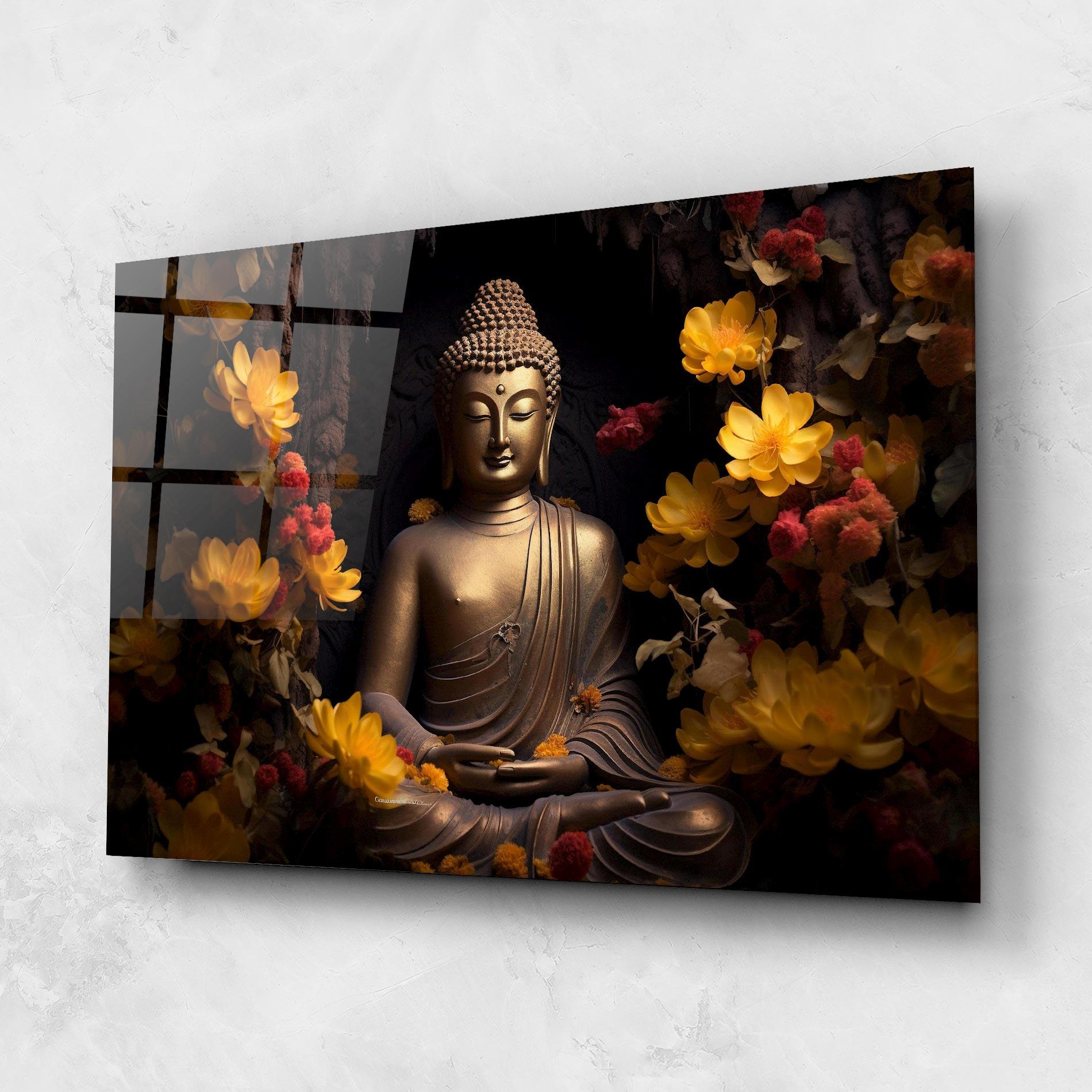 Tablou Sticla Buddha Yellow Red mockup 1